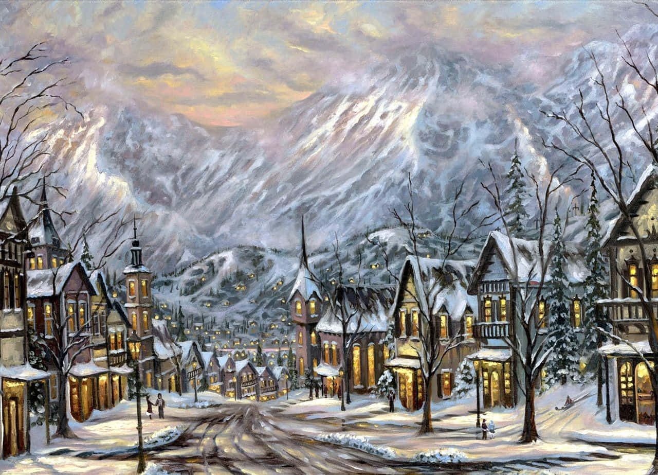 Winter Painting 桌布 壁紙 — 一個被雪覆蓋的山村，在黃昏時分，溫暖的燈光從窗戶透出，光禿禿的樹木映襯著柔和的粉彩天空。