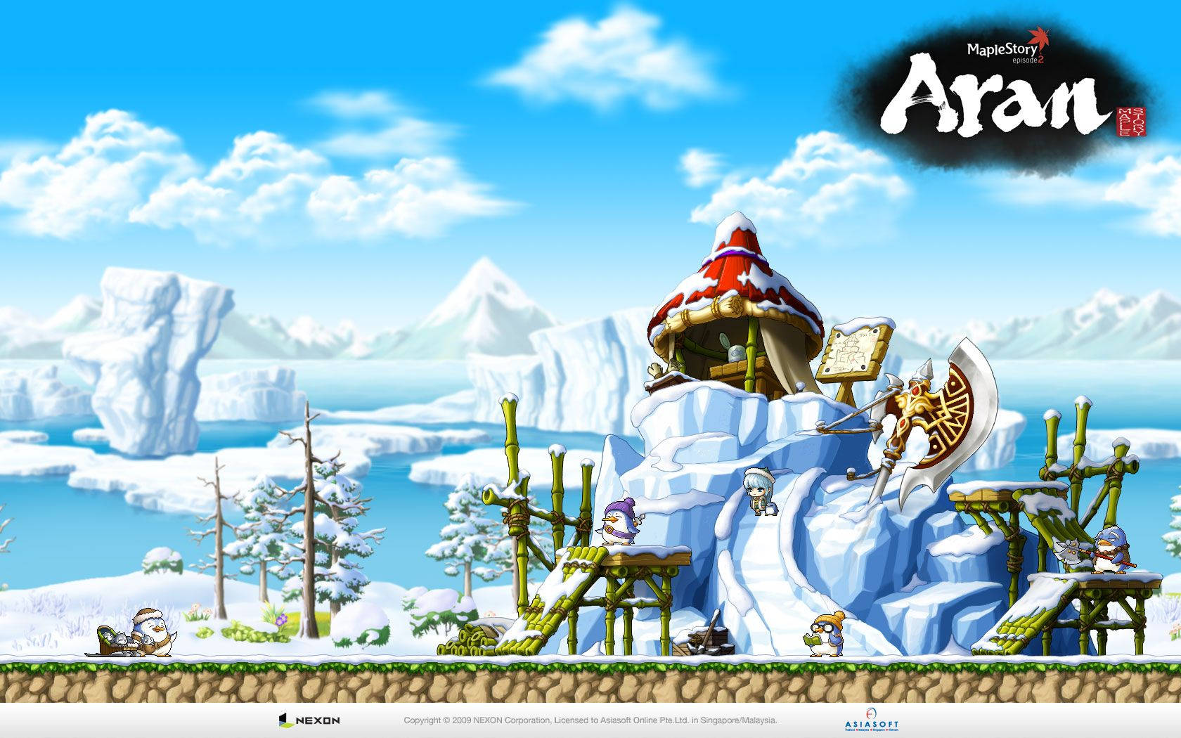 Maplestory 2 桌布 壁紙 — 一個被雪覆蓋的山村，有一座紅頂小屋坐落在冰崖上，周圍是冰凍的湖泊和遠處的冰山，在明亮的藍天下。