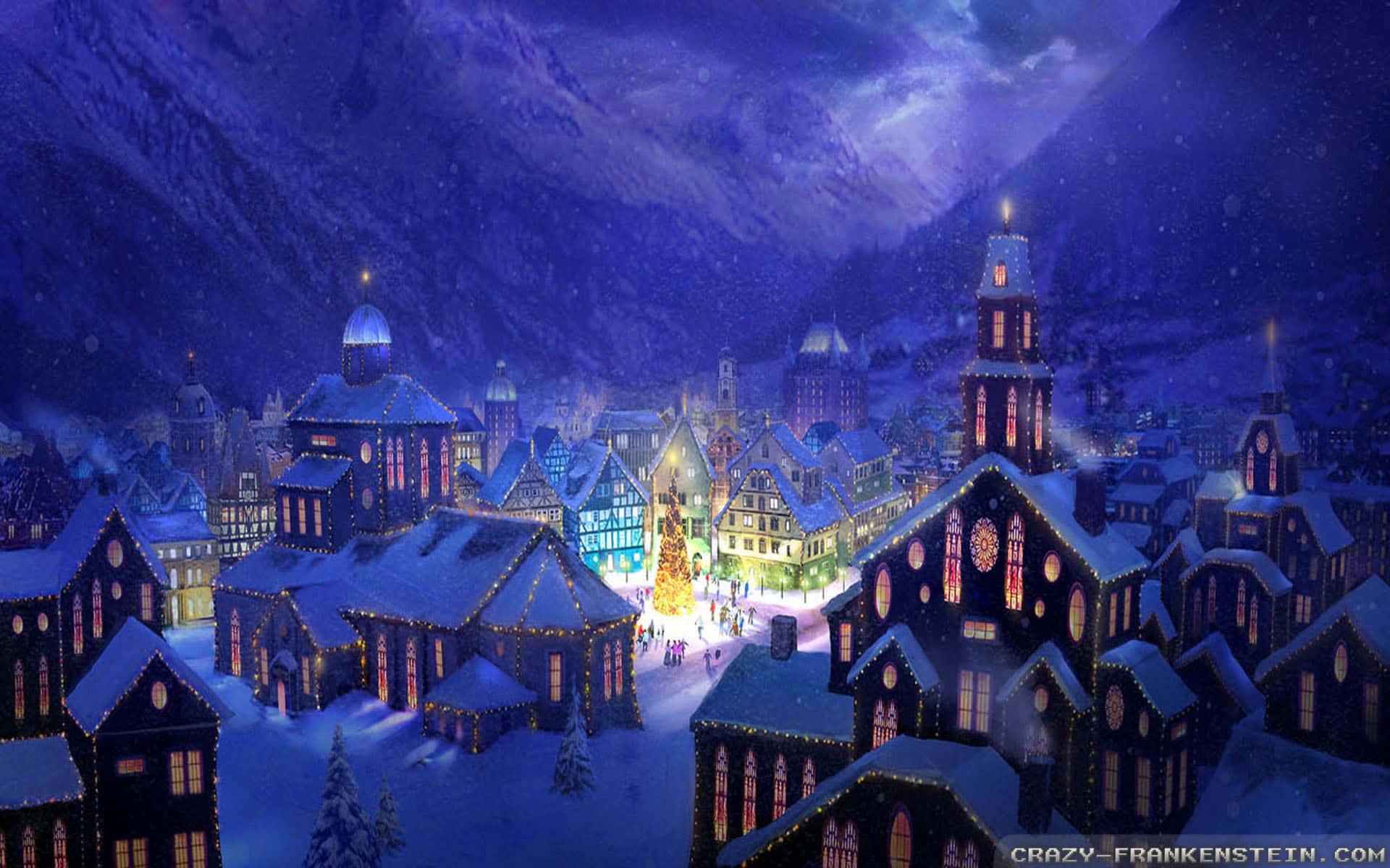 Christmas Village 桌布 壁紙 — 一個被雪覆蓋的山村夜晚，窗戶發光，中央有一棵聖誕樹，在星空下。