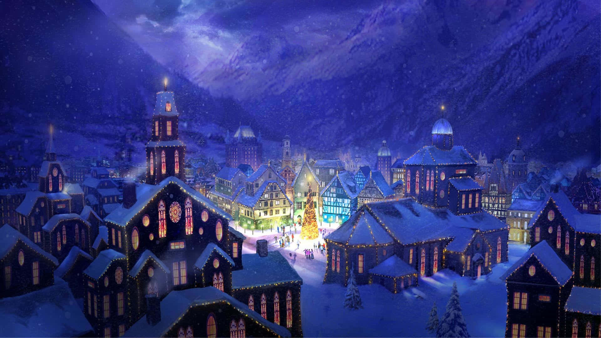 冬天 桌布 壁紙 — 一個被雪覆蓋的山村夜景，窗戶閃爍著光芒，中央有一棵聖誕樹，在星空下。