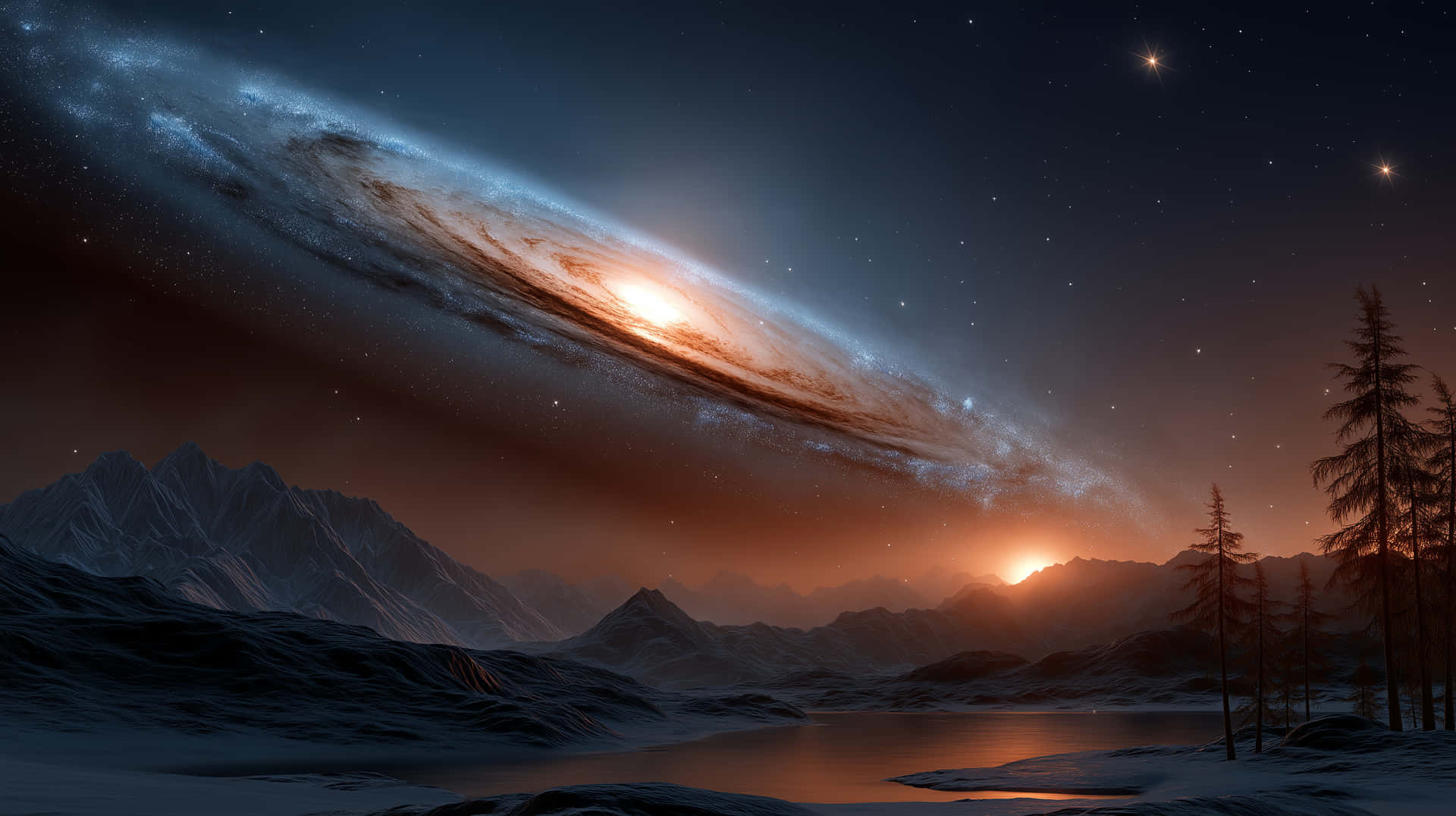 Majestic Spiral Galaxy Over a Frozen Lake and Mountains 壁紙 — 一個被雪覆蓋的山湖反射著發光的日落，而一個巨大的螺旋星系在繁星點點的夜空中拱起。