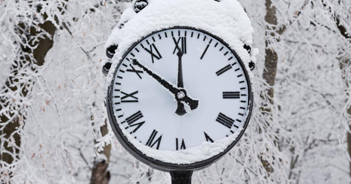 Clock 桌布 壁紙 — 一個被雪覆蓋的戶外時鐘，帶有羅馬數字，矗立在結霜的冬季樹木前。