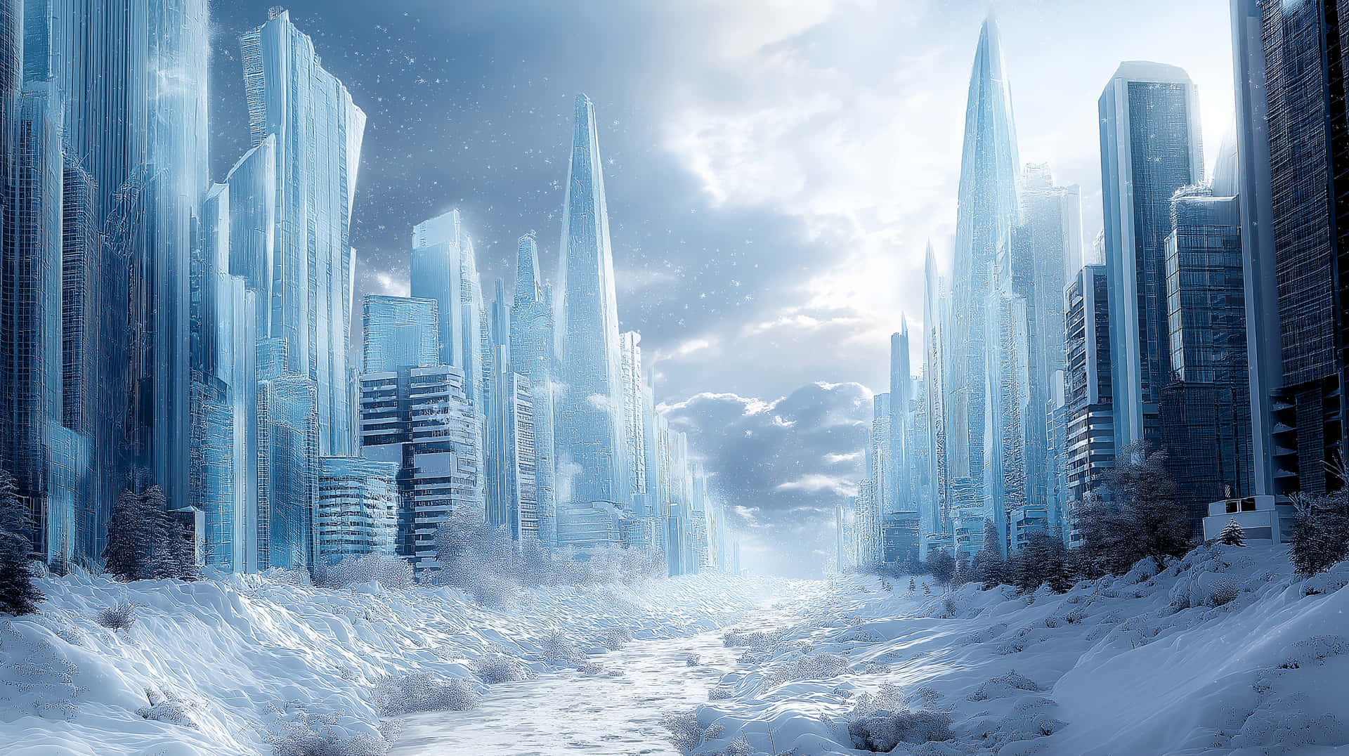 Frozen Futuristic Metropolis with Towering Ice Skyscrapers 壁紙 — 一個被雪覆蓋的未來城市景觀，高聳的玻璃摩天大樓在陰雲密布的冬日天空下。