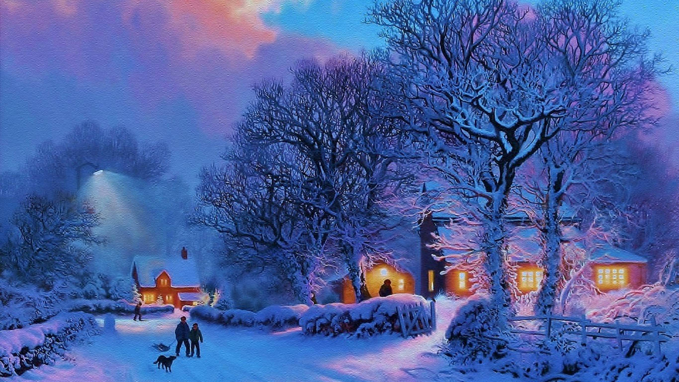 桌布 壁紙 — 一個被雪覆蓋的村莊在黃昏時分，窗戶發光，人們遛狗的剪影在紫色和藍色的天空下。