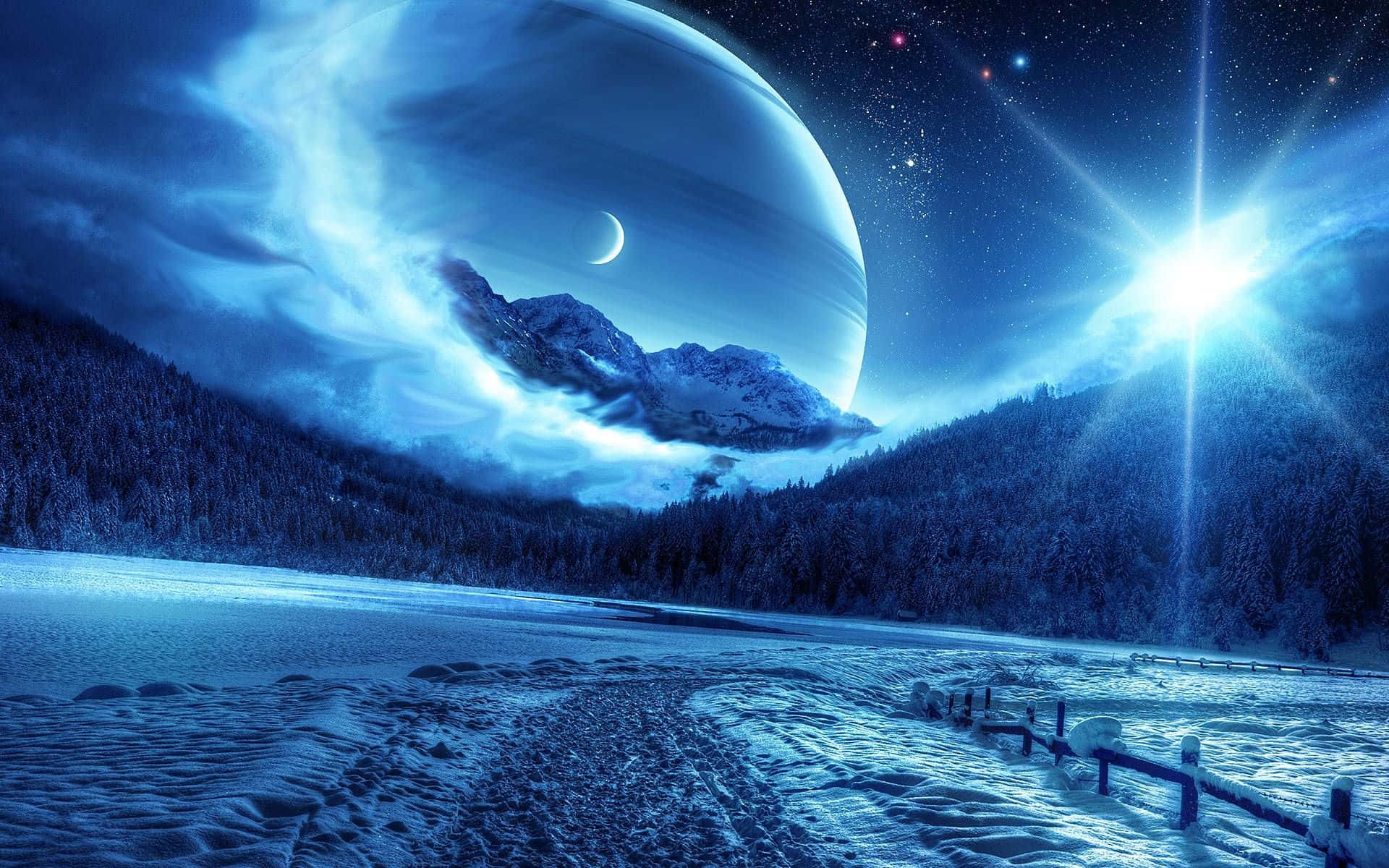月亮與星星 桌布 壁紙 — 一個被雪覆蓋的森林湖泊，上方是巨大的發光藍色行星和一顆明亮的星星，在宇宙夜空中。