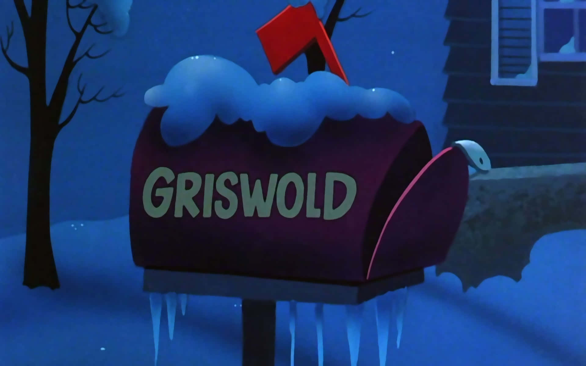 Mailbox 桌布 壁紙 — 一個被雪覆蓋的紫色郵箱，標有Griswold，夜晚立在結冰的庭院中，掛著冰柱，紅旗升起。