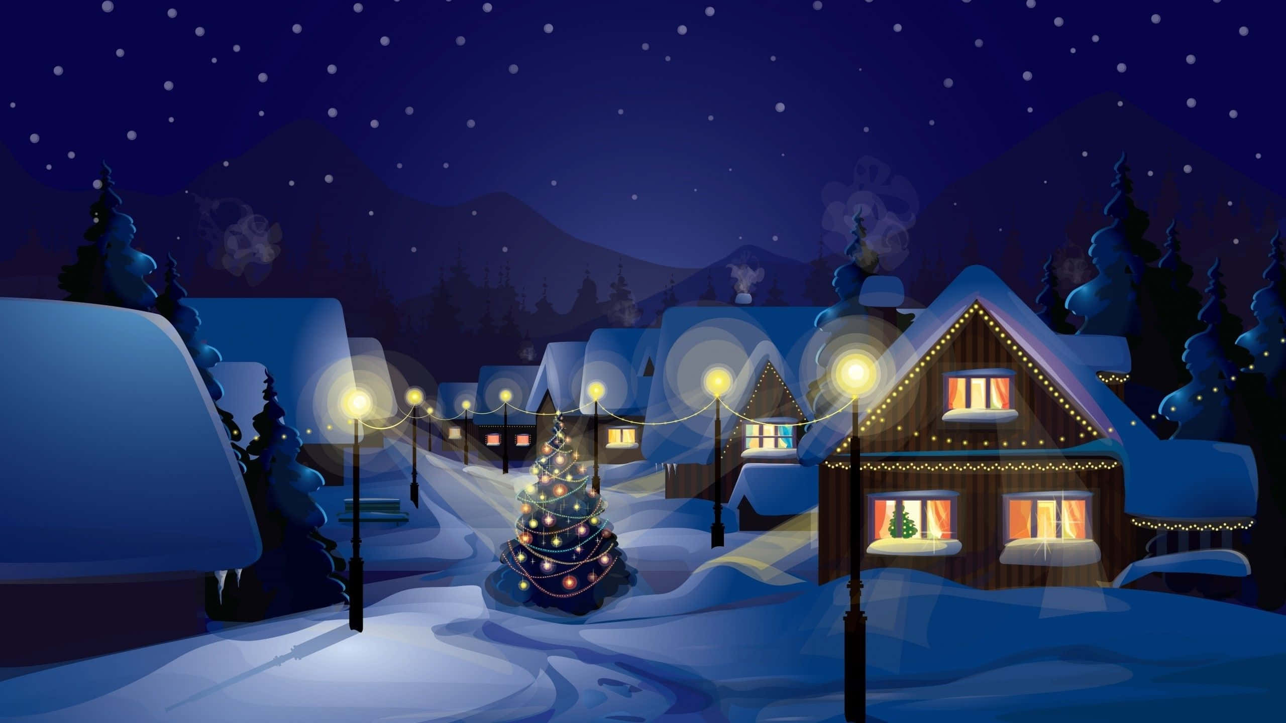 1920x1080 HD Christmas 桌布 壁紙 — 一個被雪覆蓋的舒適村莊夜晚，窗戶閃爍著光芒，星空下有一棵裝飾好的聖誕樹。