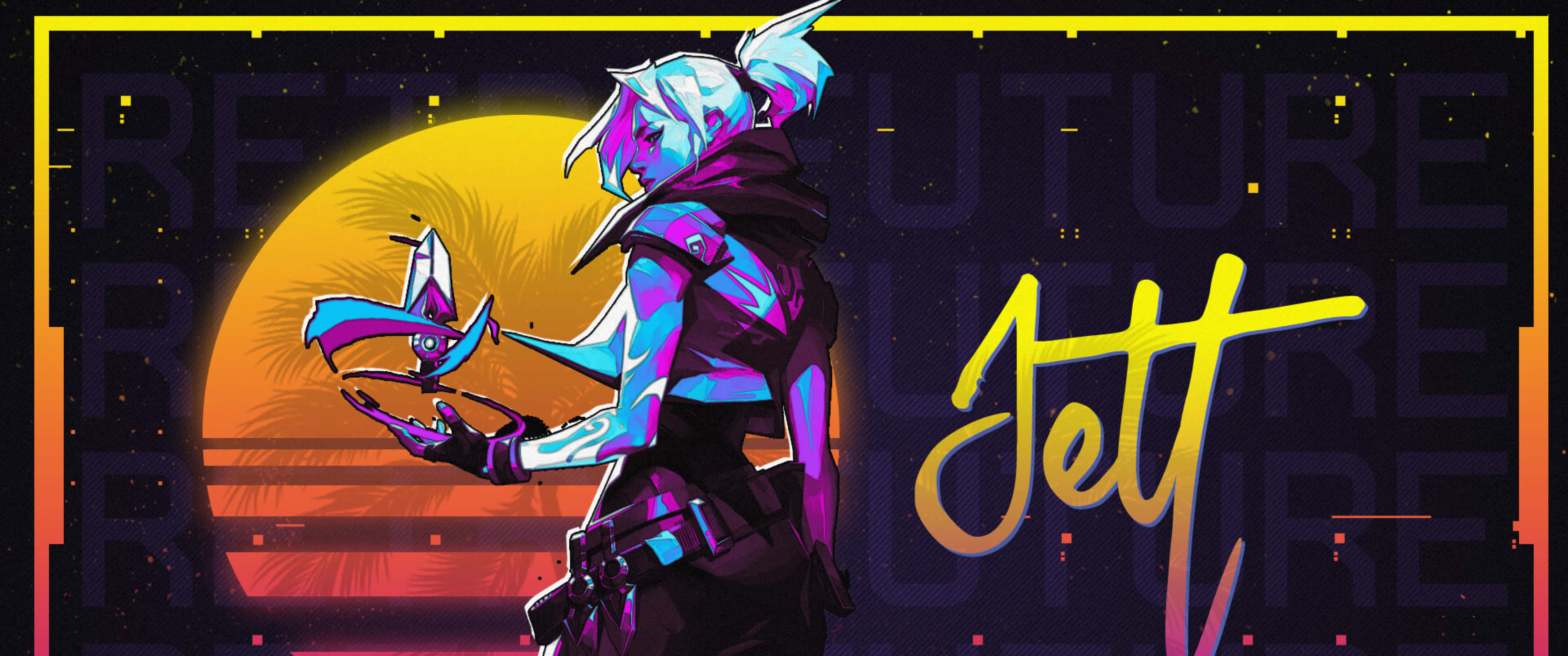 3440x1440 Neon 桌布 壁紙 — 一個被霓虹燈浸透的藍髮動漫角色，在發光的日落背景下握著一把未來武器。