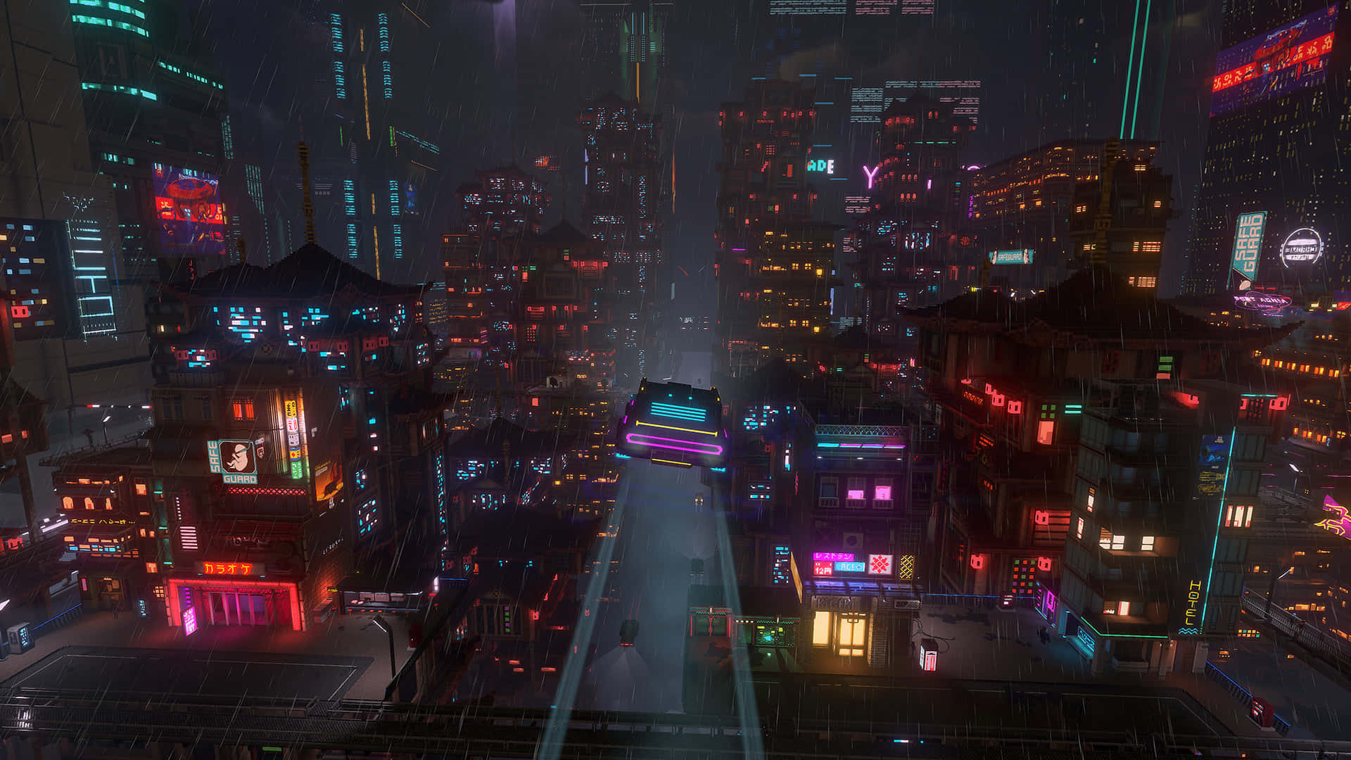 1080p Cyberpunk 2077 桌布 壁紙 — 一個被霓虹燈淹沒的賽博龐克城市夜景，雨水落在高聳的建築物和發光的招牌上。