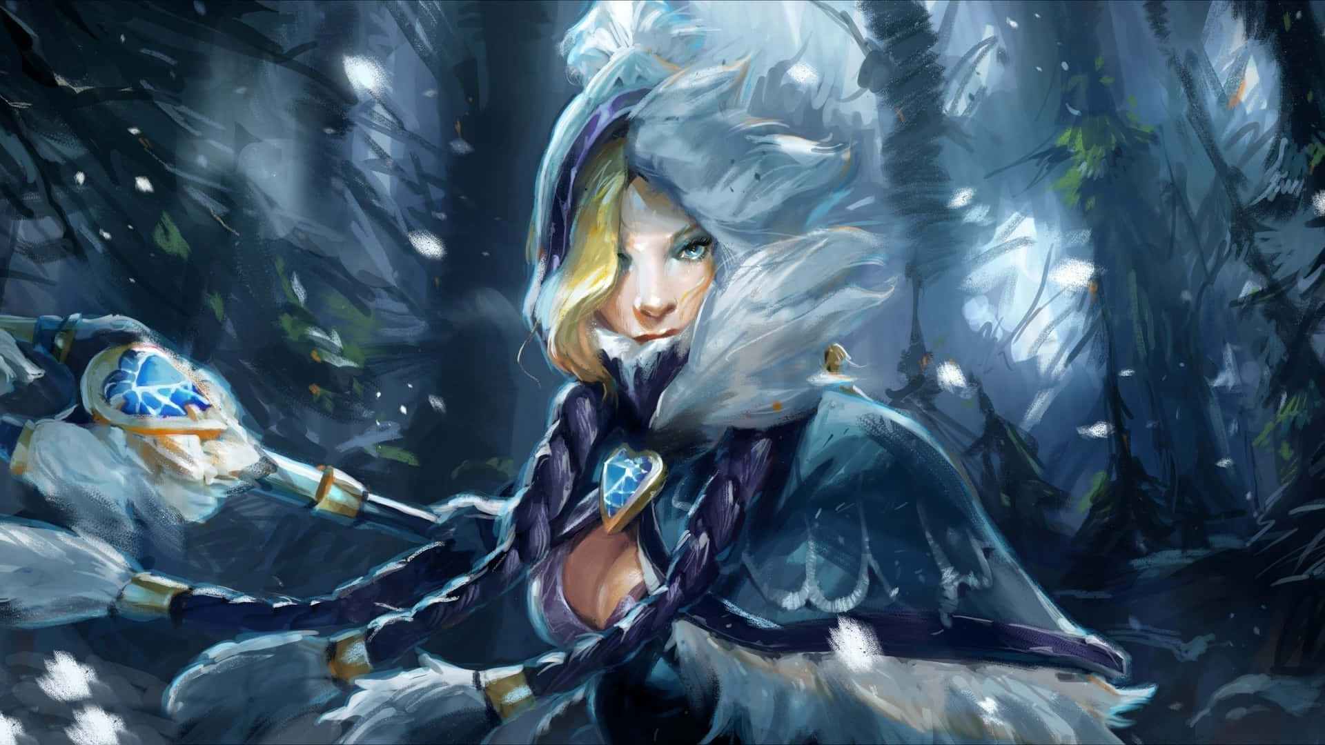 Hero 桌布 壁紙 — 一個被霜凍的戰士，金髮和冰甲，在暴風雪中挑釁地站立，揮舞著發光的藍色武器。