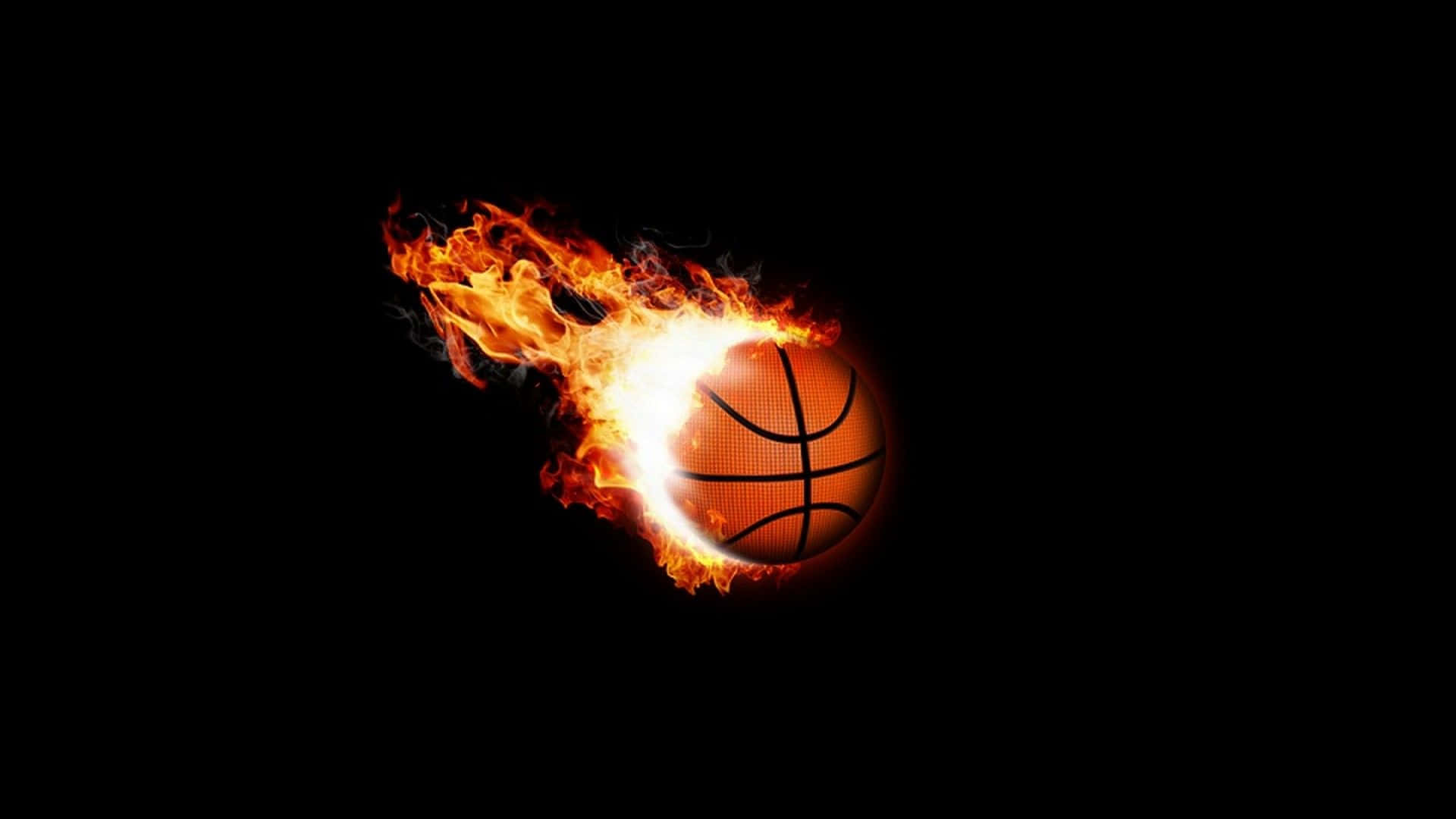 1080p Basketball 桌布 壁紙 — 一個被鮮橙色火焰包圍的籃球，在黑色虛空中高速飛馳，帶有強烈的動態模糊效果。
