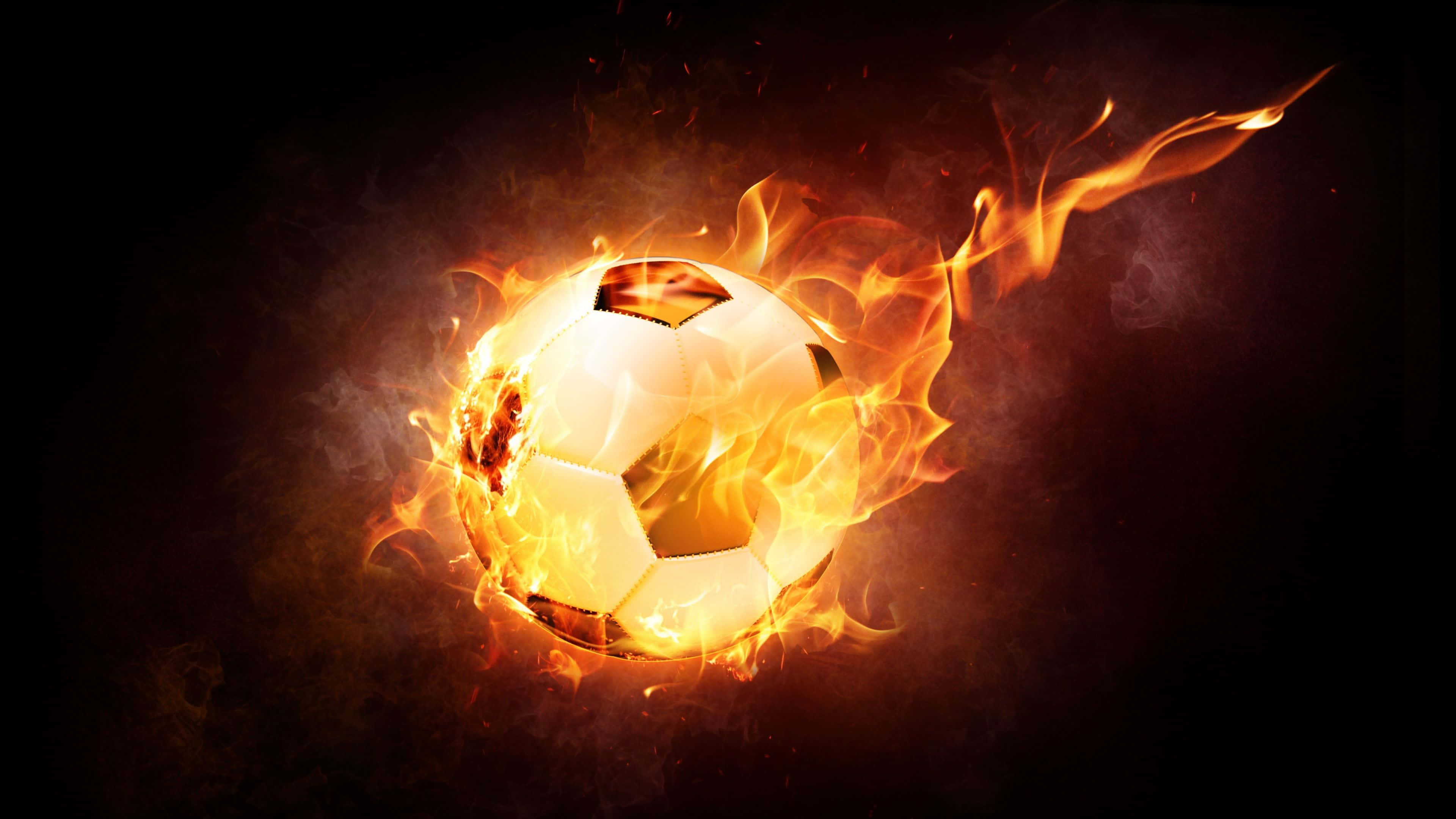 Football On Fire 桌布 壁紙 — 一個被鮮豔橙色火焰包圍的足球，背景是黑暗煙霧瀰漫。