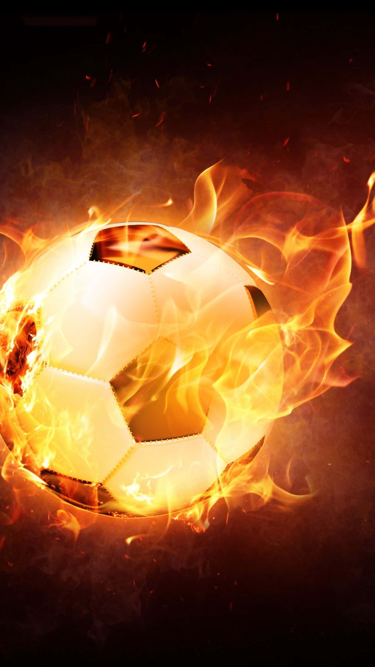 Football On Fire 桌布 壁紙 — 一個被鮮豔橙色火焰吞噬的足球，背景為深色，帶有發光的餘燼。