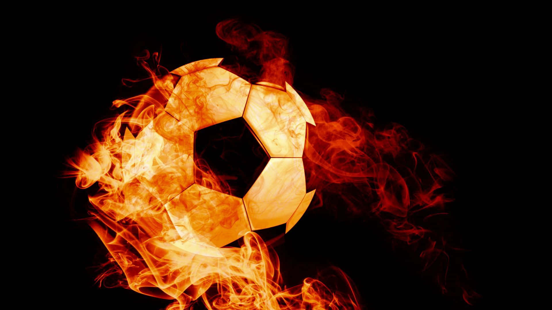 Football On Fire 桌布 壁紙 — 一個被鮮豔橙色火焰吞噬的足球，襯托在純黑背景上。