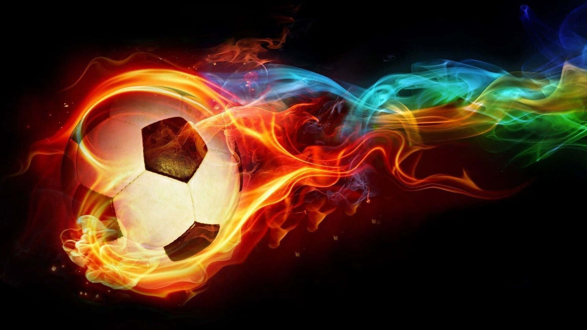 Football On Fire 桌布 壁紙 — 一個被鮮豔火焰和電光煙霧軌跡包圍的足球，背景為黑色。
