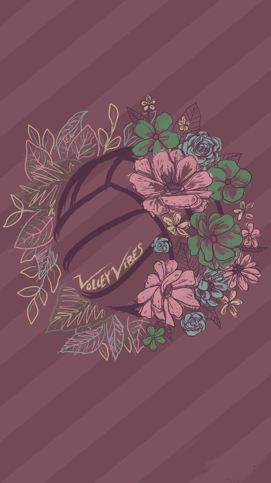 Volleyball 桌布 壁紙 — 一個被鮮豔的粉紅色、綠色和藍綠色花朵環繞的排球，背景為栗色條紋。