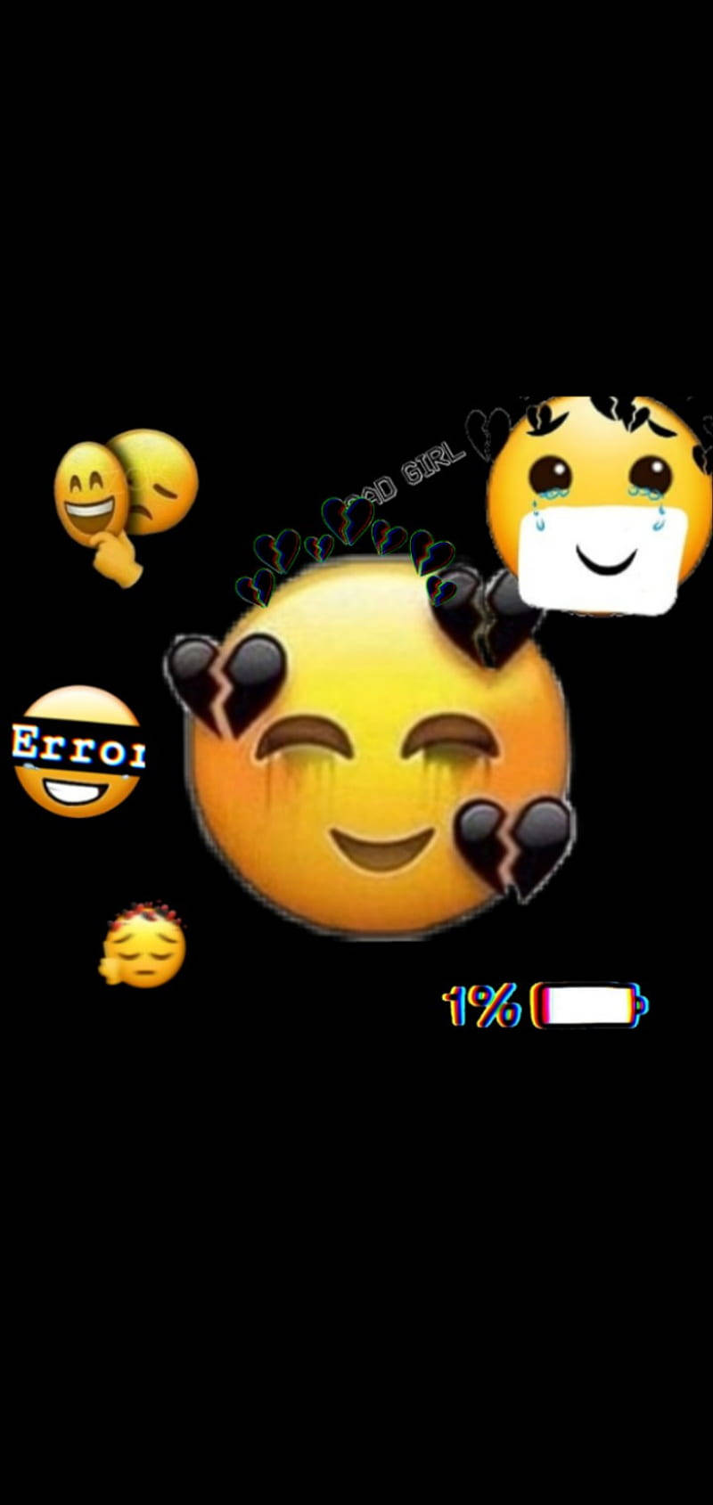 Cute Sad 桌布 壁紙 — 一個裂開的笑臉表情符號，被其他表情符號和一個1%電池圖標包圍，背景為黑色。