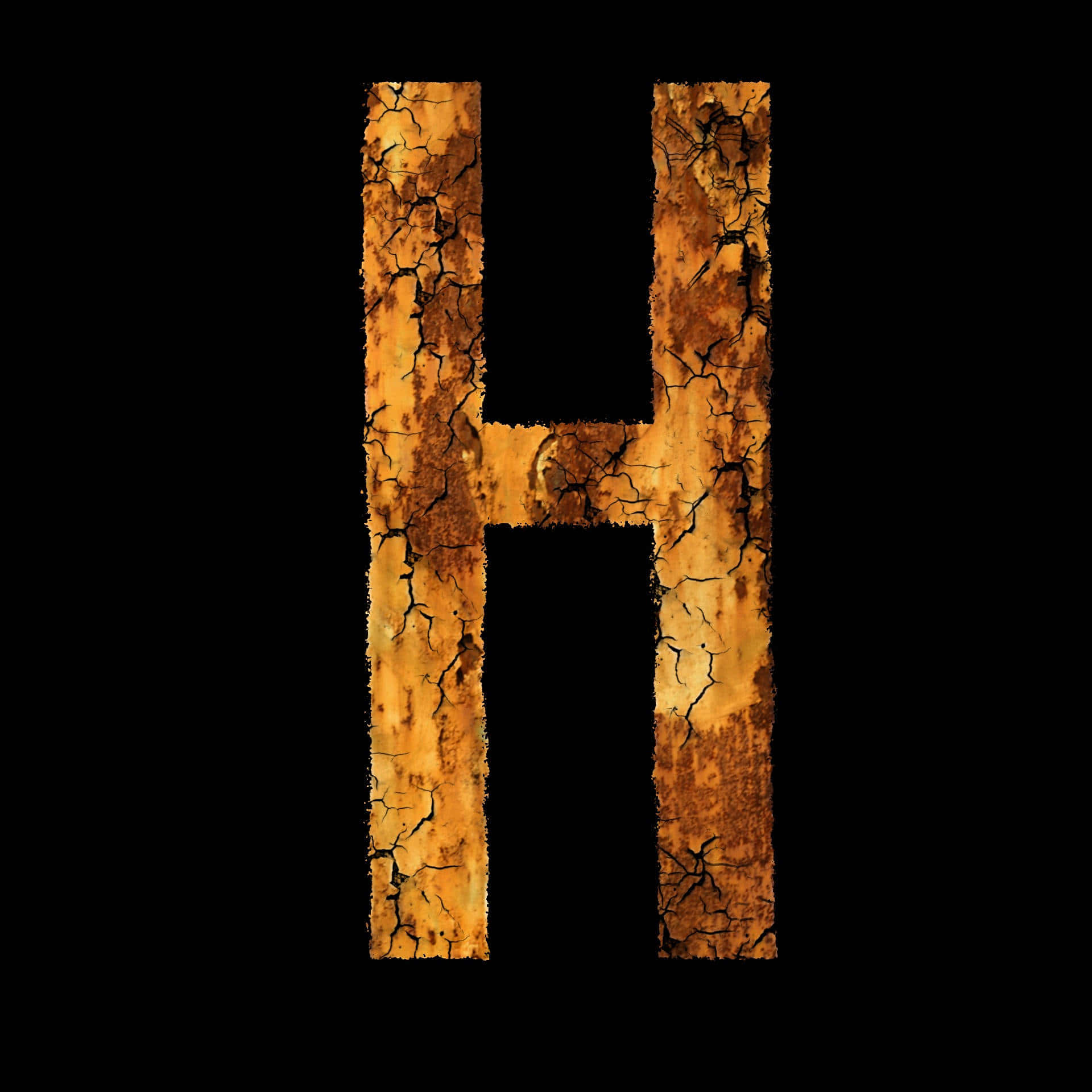Wood 桌布 壁紙 — 一個裂開的金色字母H，在帶有紋理大地色調的純黑背景上大膽矗立。