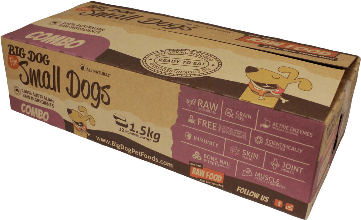 大紅狗克利福德 桌布 壁紙 — 一個裝有Big Dog for Small Dogs生寵物食品組合包的紙箱，帶有卡通狗插圖和營養聲明。