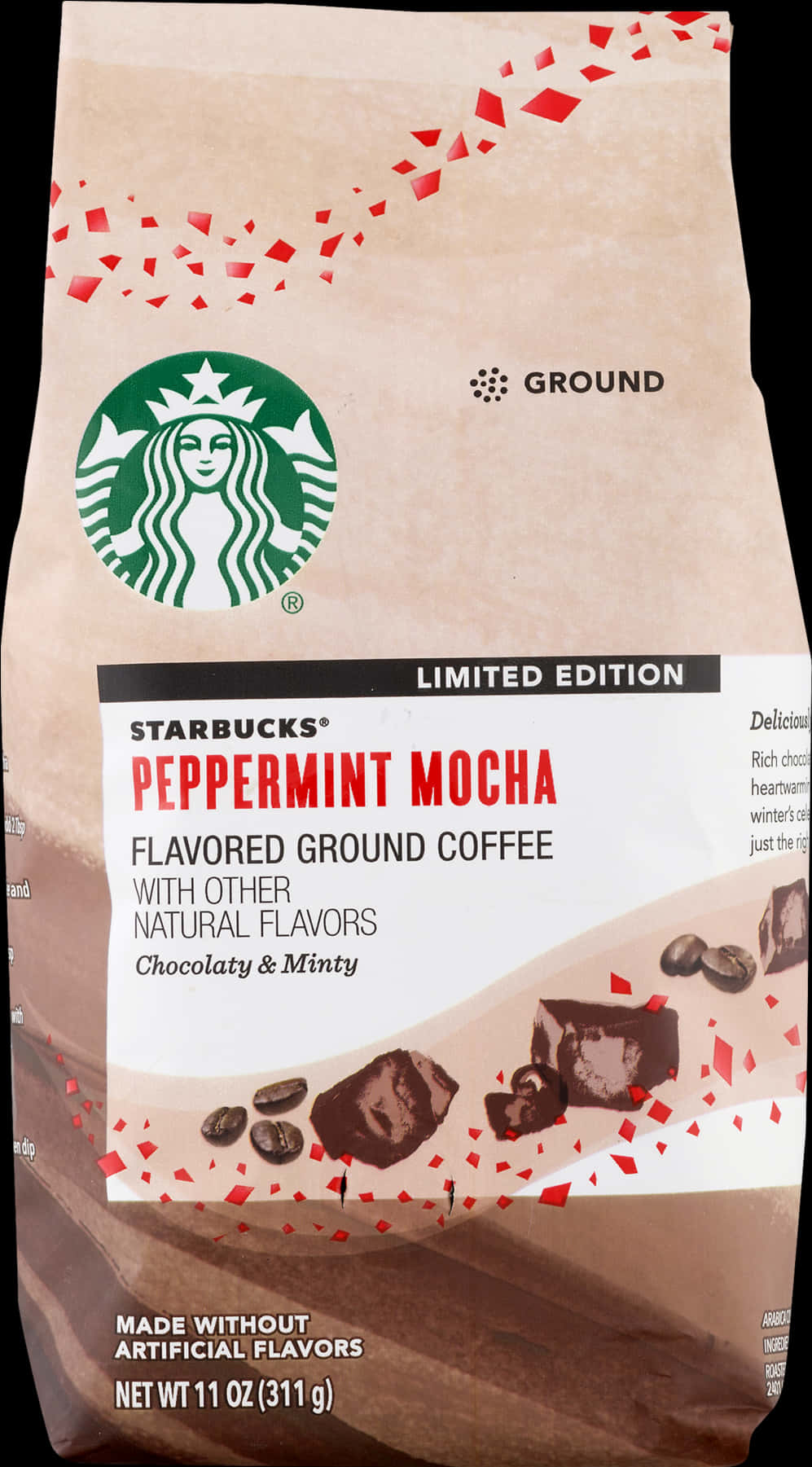 Starbucks Coffee 桌布 壁紙 — 一個裝有星巴克薄荷摩卡研磨咖啡的棕色紙袋，帶有紅色五彩紙屑點綴和巧克力圖案。