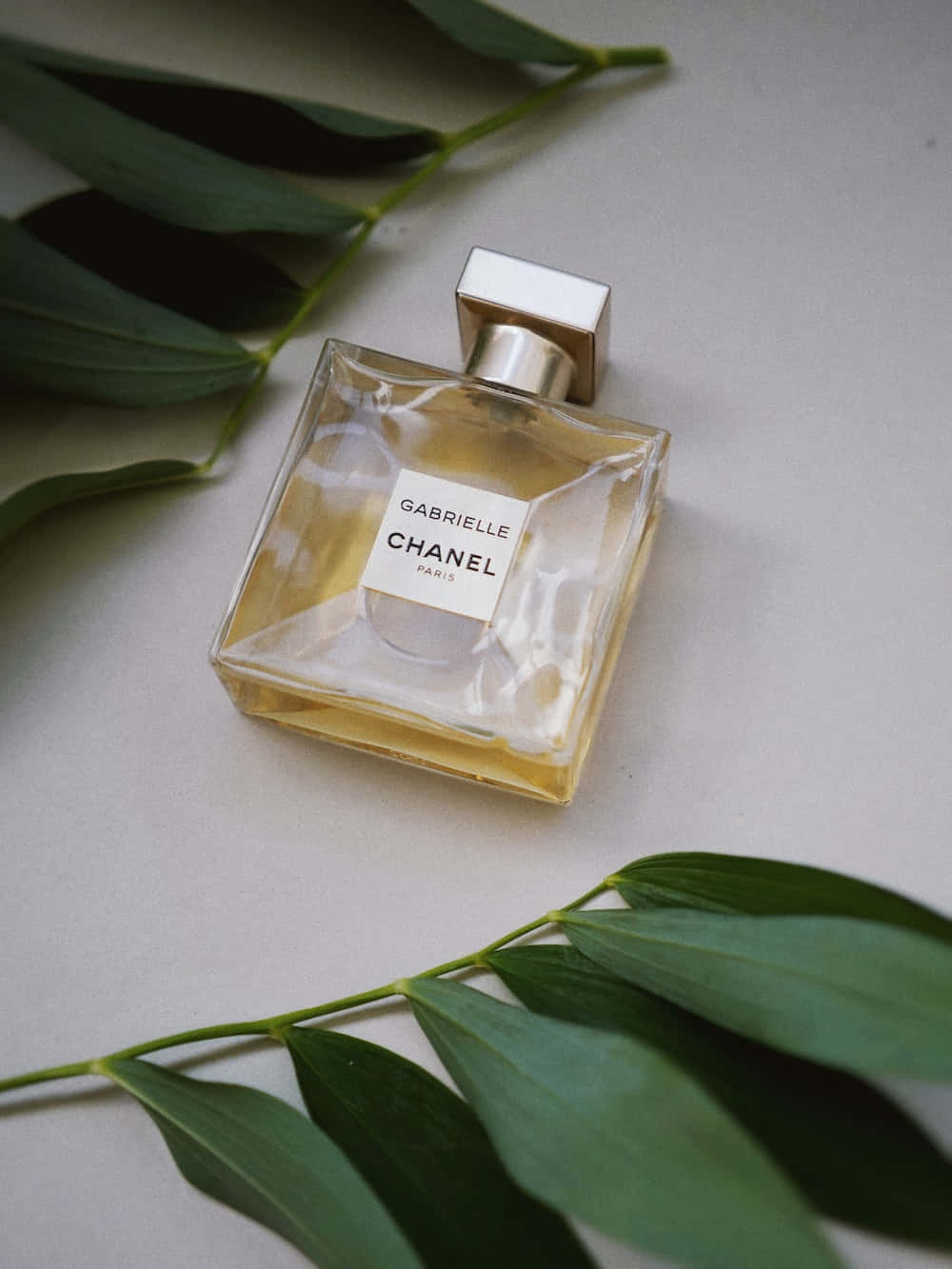 Chanel 桌布 壁紙 — 一個裝有金色液體的 Chanel Gabrielle 香水瓶放在淺色表面上，周圍是新鮮的綠葉。