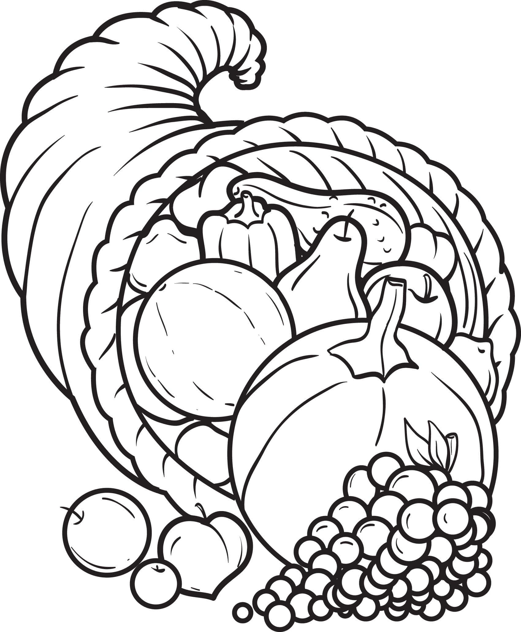 Fall Coloring 桌布 壁紙 — 一個裝滿南瓜、葡萄、蘋果和葫蘆的豐收角黑白線條畫。