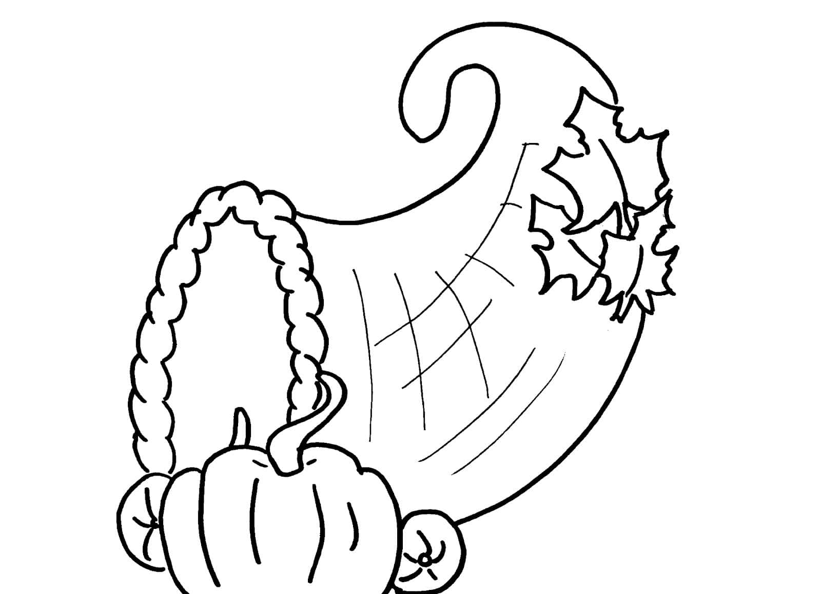 Fall Cornucopia 桌布 壁紙 — 一個裝滿南瓜和秋葉的豐收角黑白線條畫。