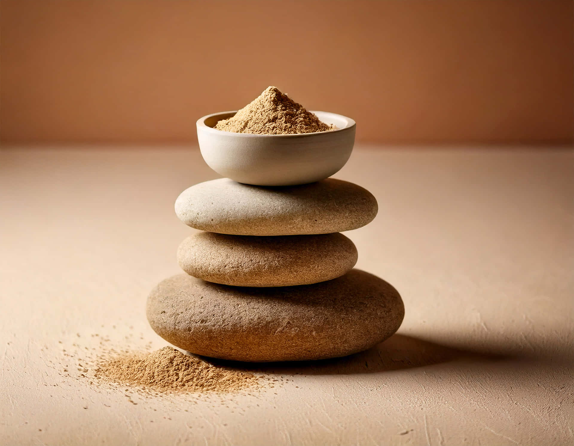 Ashwagandha Root Powder 壁紙 — 一個裝滿泥土粉末的小白碗，放在一個由三塊光滑石頭堆疊而成的堆上，置於有紋理的米色表面上。