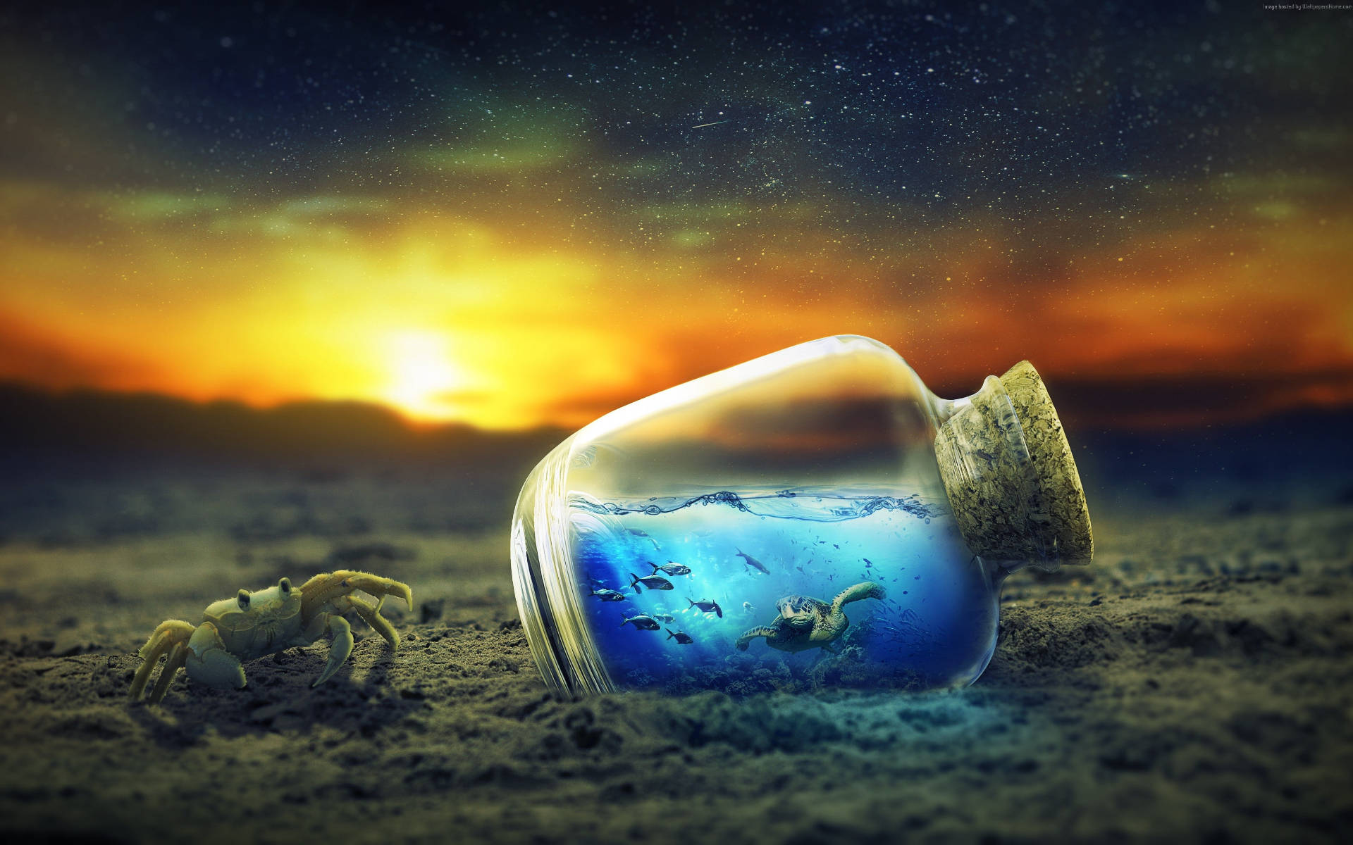 酷炫烏龜 桌布 壁紙 — 一個裝滿海水和海洋生物的玻璃瓶放在沙灘上，一隻螃蟹在繁星點點的日落天空下觀看。