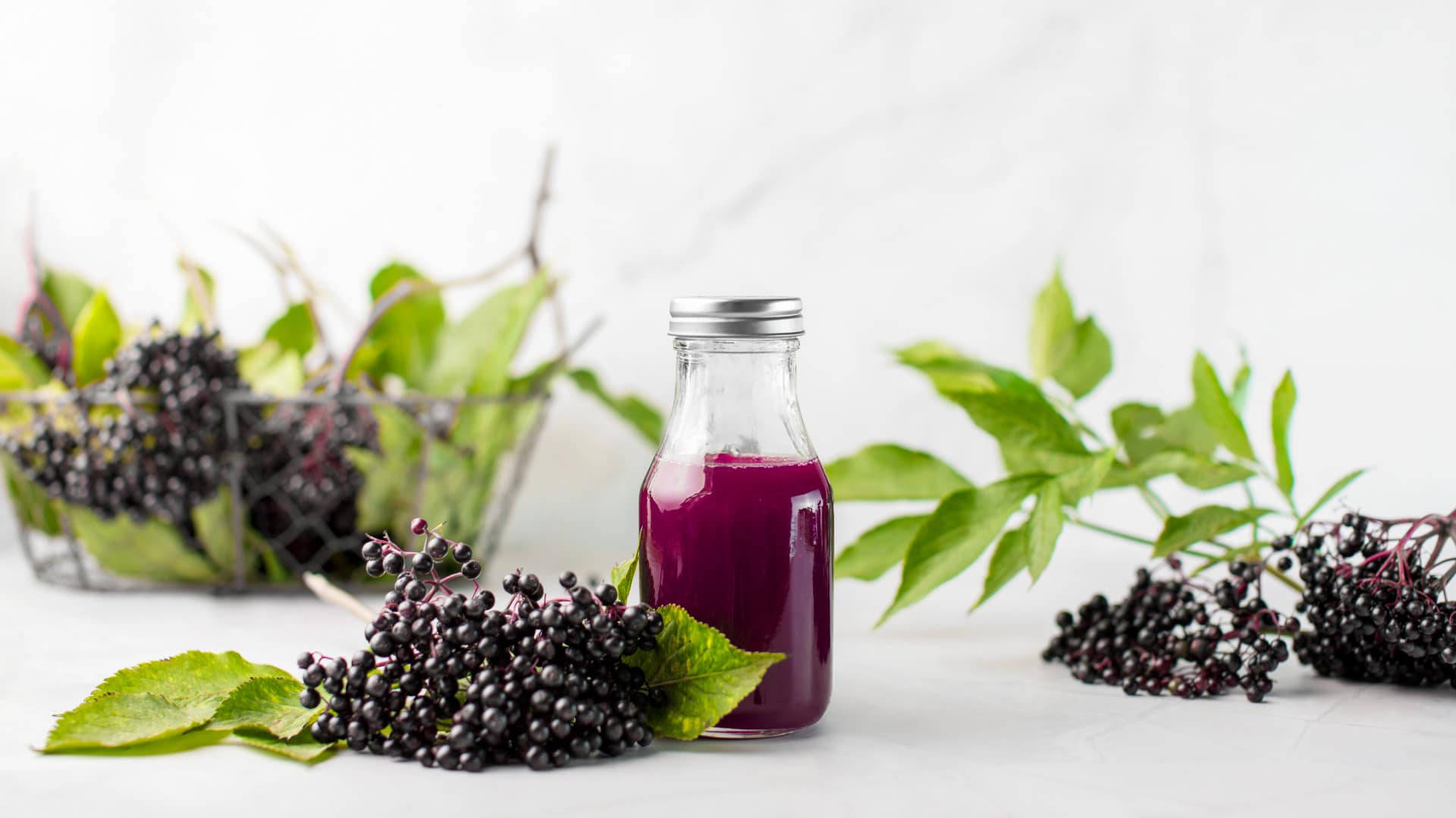 Fruits 桌布 壁紙 — 一個裝滿深紫色接骨木莓糖漿的玻璃瓶，旁邊放著新鮮的黑接骨木莓串和綠葉，放在白色表面上。