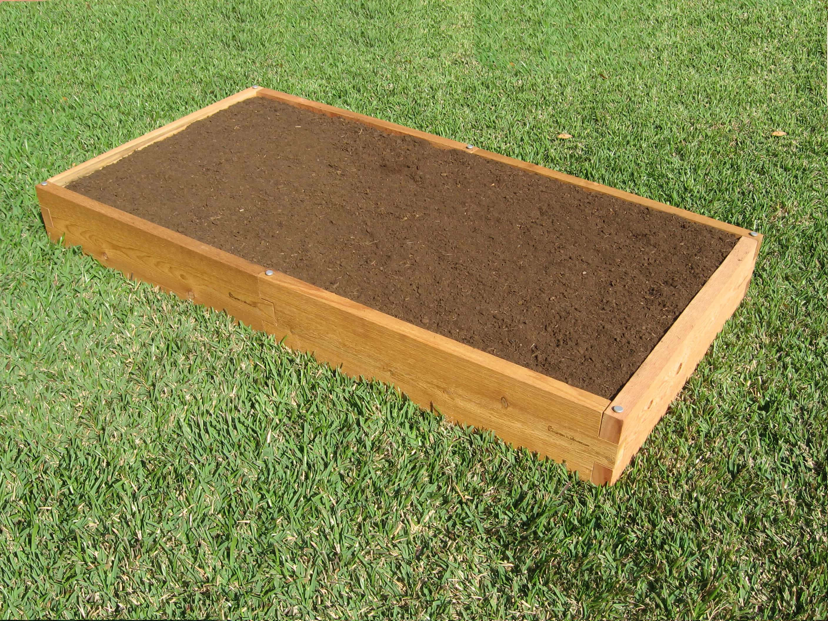 Garden Bed 桌布 壁紙 — 一個裝滿深色泥土的木製高架花園床，在明亮的日光下放置在充滿活力的綠色草坪上。