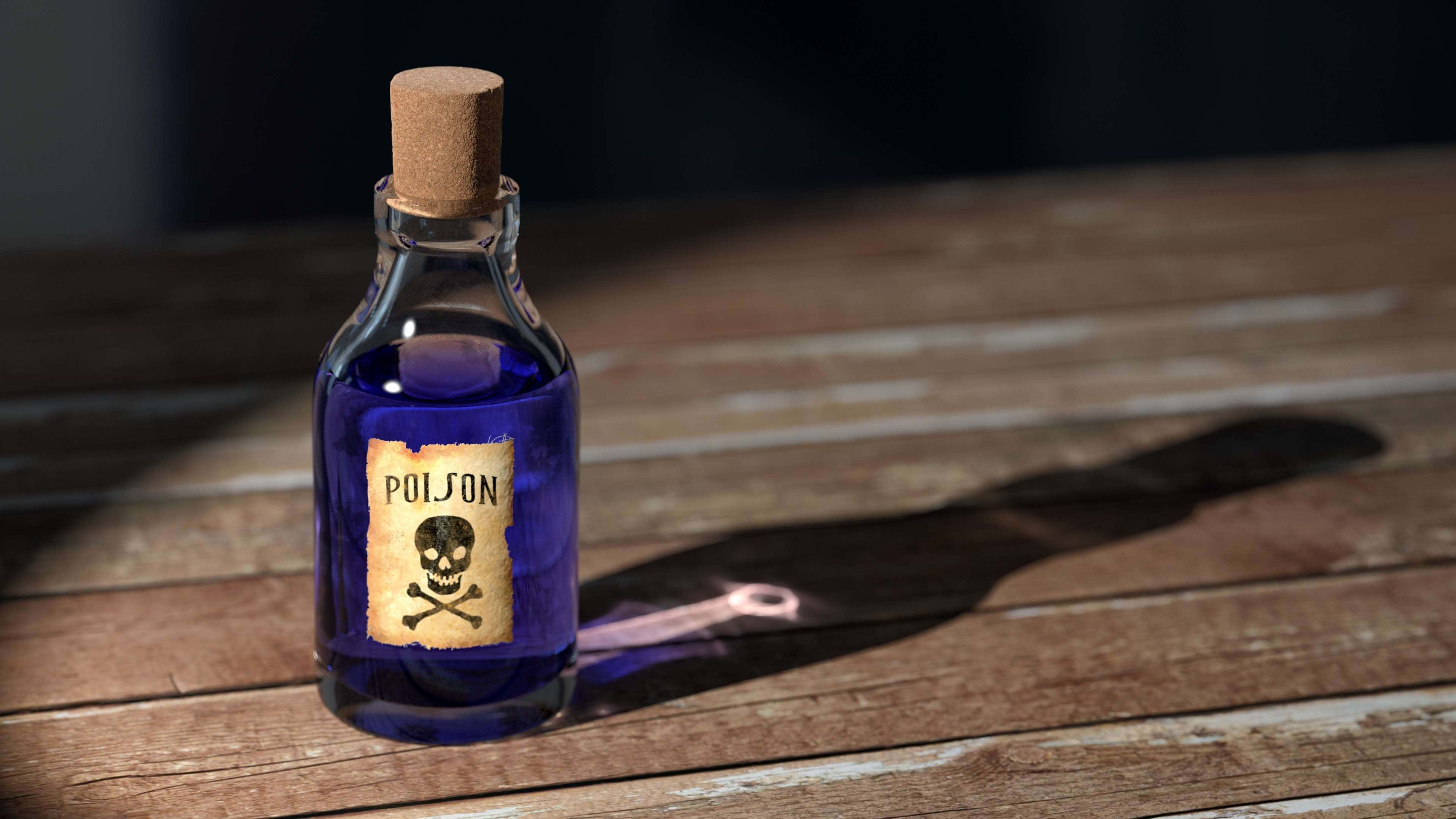 toxic 桌布 壁紙 — 一個裝滿發光藍色毒藥的玻璃瓶放在一張風化的木桌上，投下長長的影子。