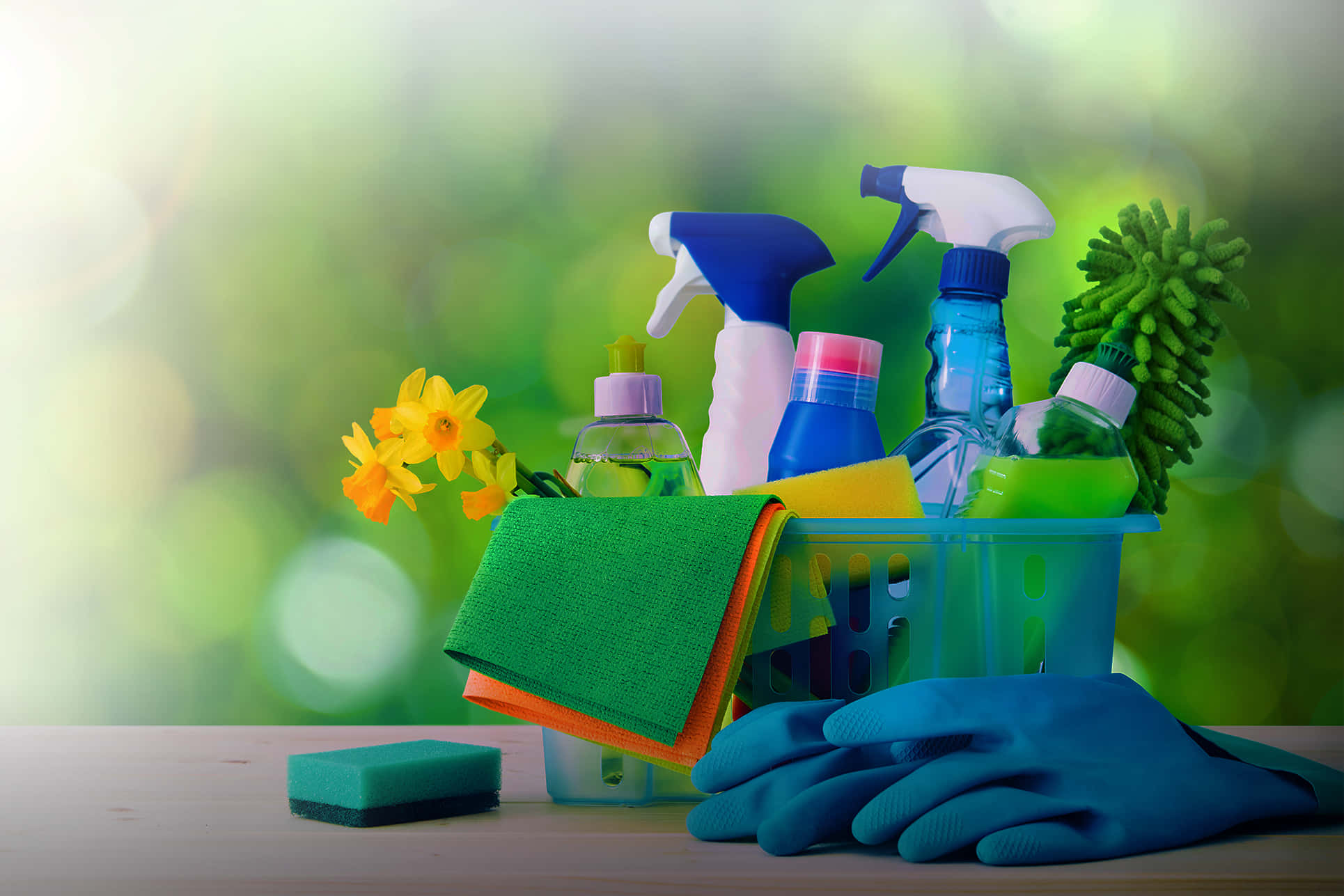 Cleaning 桌布 壁紙 — 一個裝滿色彩繽紛清潔用品和黃色水仙花的籃子放在木質表面上，背景是柔和的綠色散景。