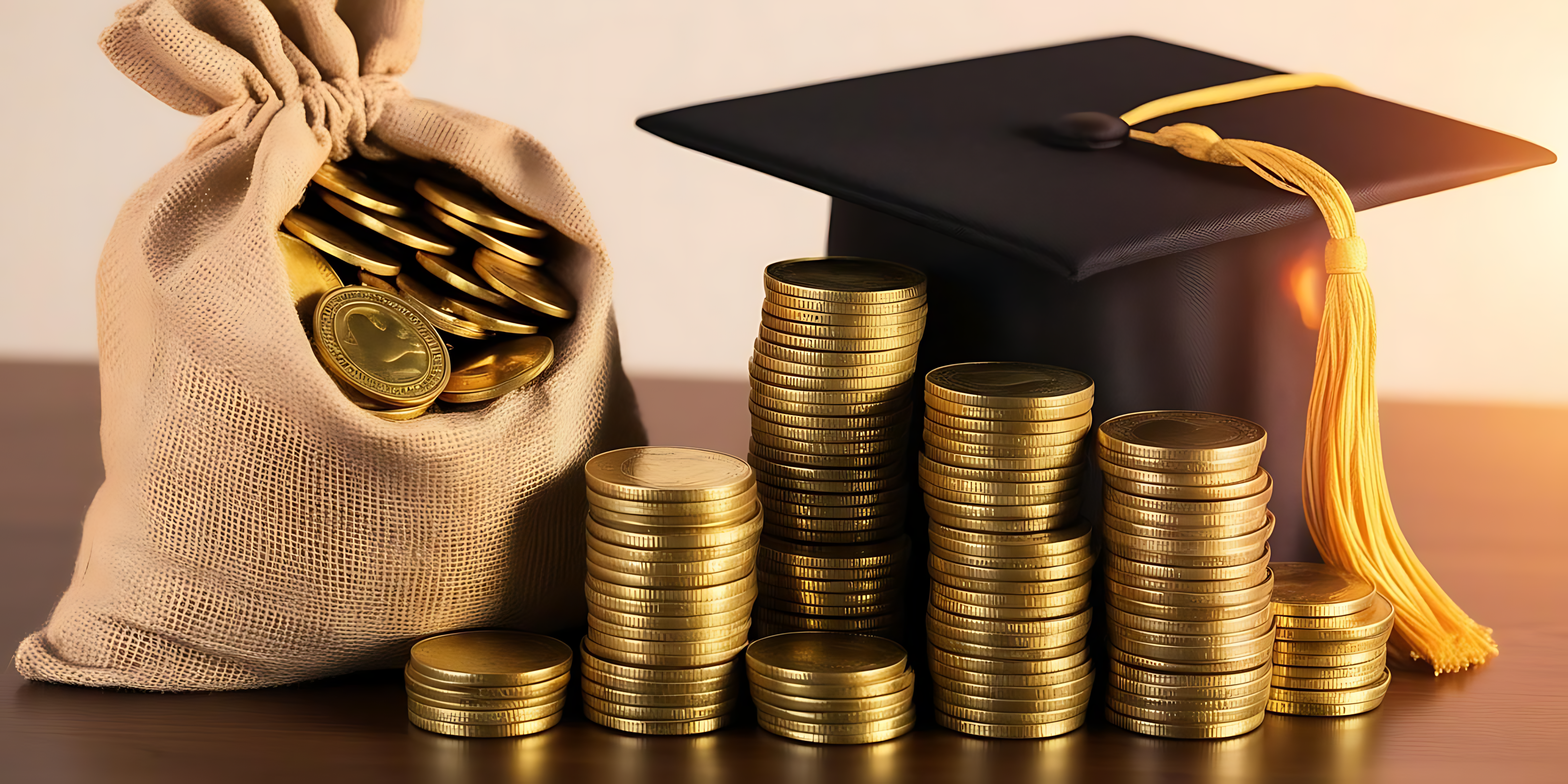 Graduation 桌布 壁紙 — 一個裝滿金幣的麻布袋旁邊放著一堆堆高度遞增的金幣，旁邊是一頂帶有黃色流蘇的黑色畢業帽。