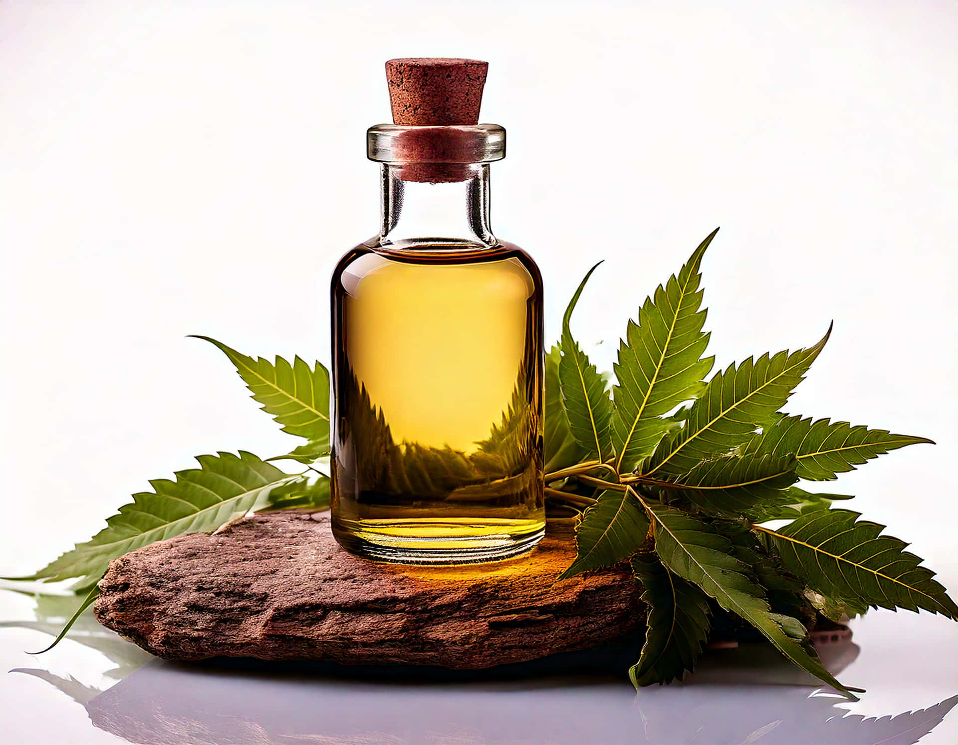 Herbal Oil 壁紙 — 一個裝滿金色印楝油的玻璃瓶放在粗糙的棕色石頭上，周圍是鮮綠色的印楝葉，背景是明亮的白色。