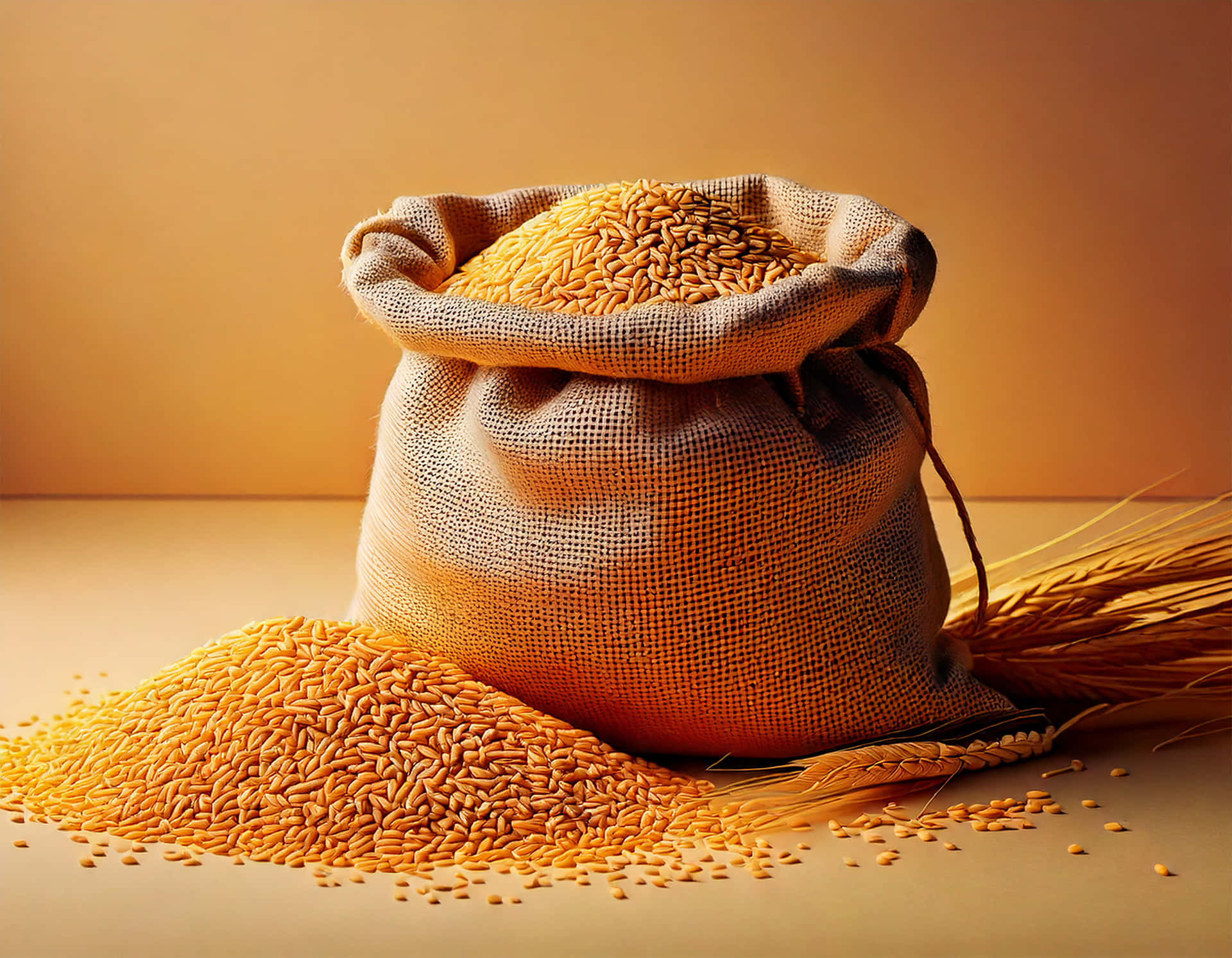 Sack filled with grain 壁紙 — 一個裝滿金色小麥粒的粗麻布袋溢出到一個暖色調的表面上，旁邊有一根小麥稈。