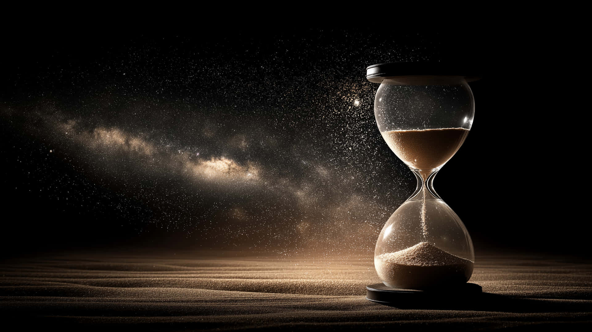 Hourglass with Sparkling Sand Under Cosmic Night Sky 壁紙 — 一個裝滿金色沙子的沙漏矗立在沙漠沙丘上，上方是繁星點點的夜空，銀河拱起。