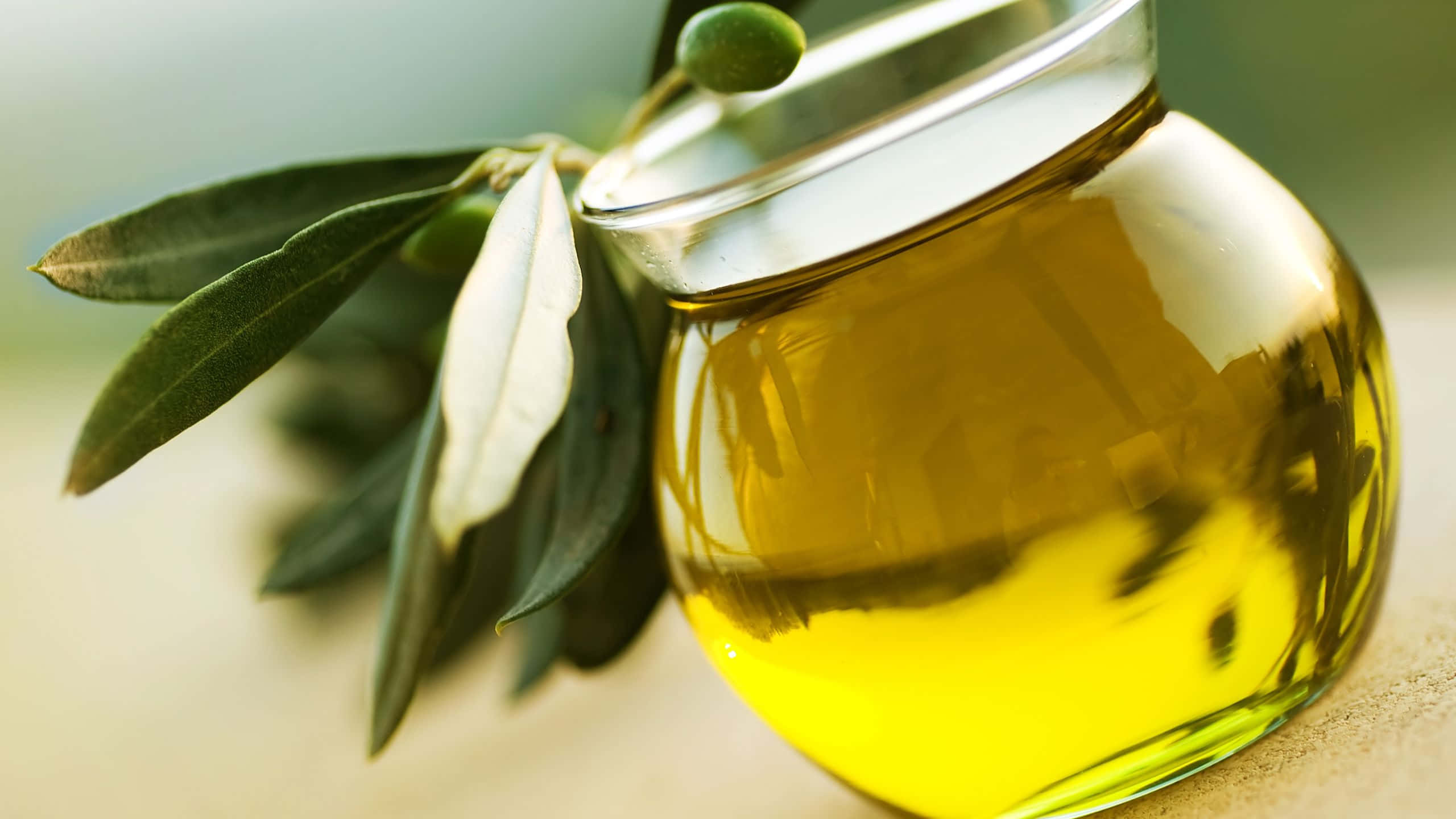 Oil 桌布 壁紙 — 一個裝滿金黃色橄欖油的玻璃瓶，旁邊是新鮮的橄欖葉和青橄欖，背景柔和模糊。