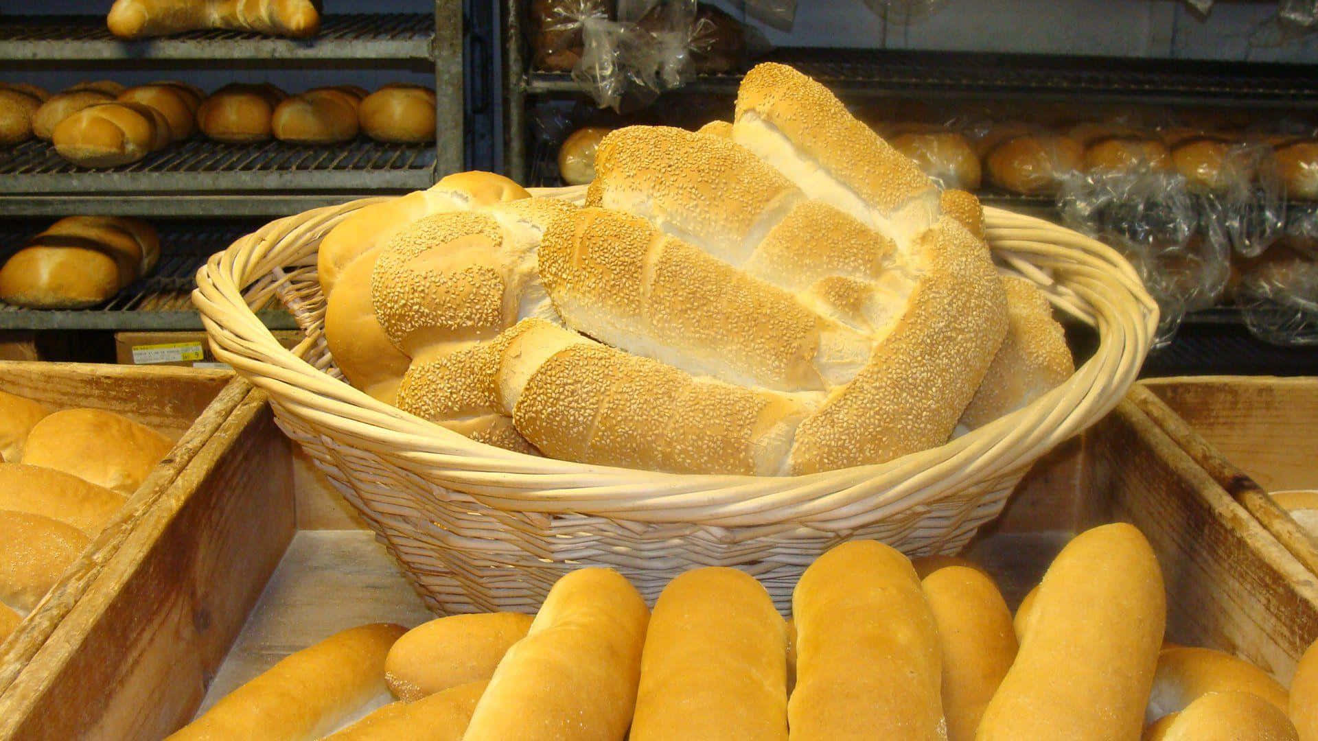 Bakery 桌布 壁紙 — 一個裝滿金黃芝麻麵包的籃子，放在麵包店陳列的木托盤上，旁邊是新鮮出爐的麵包卷。