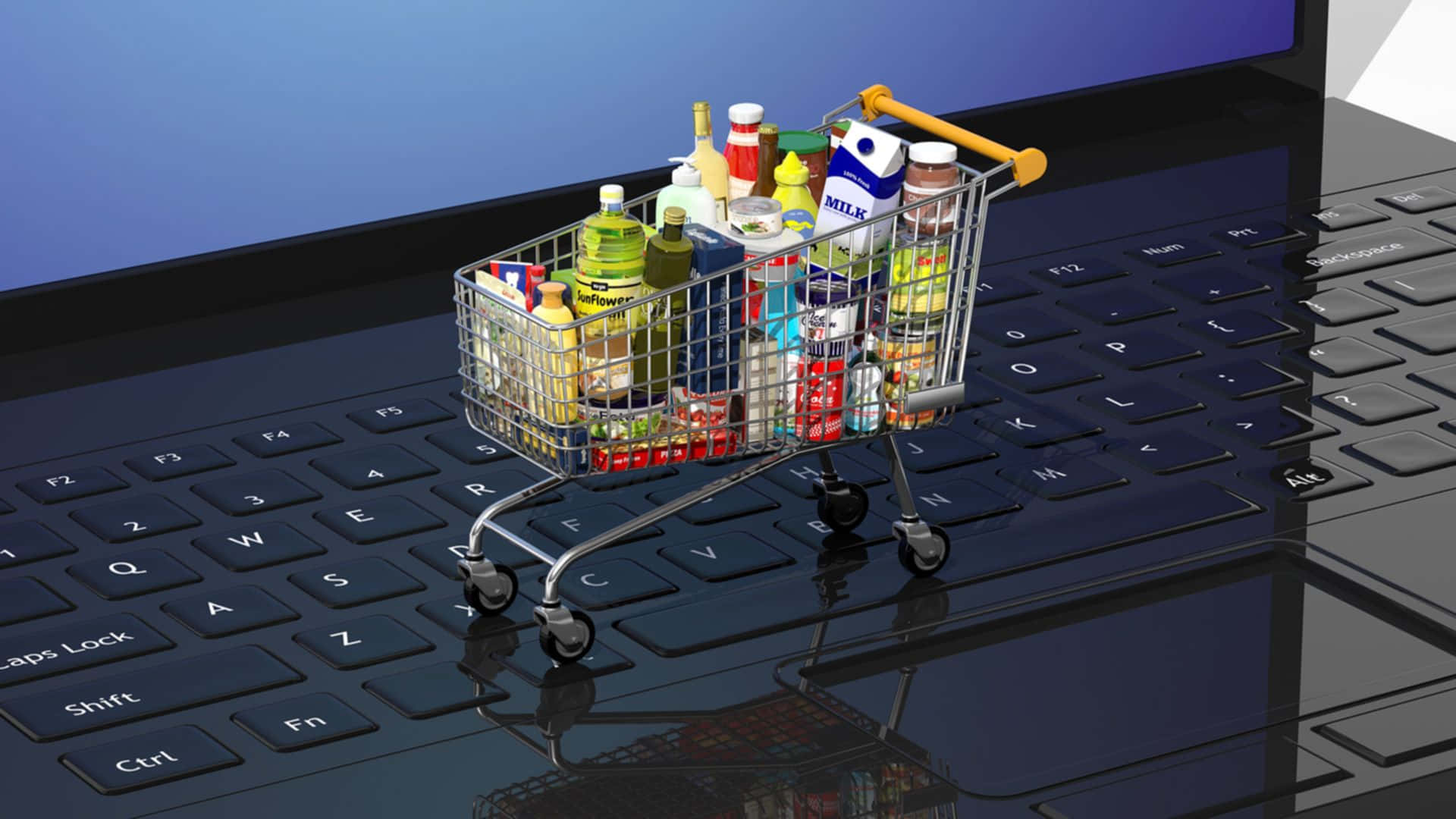 Shopping 桌布 壁紙 — 一個裝滿雜貨的微型購物車放在筆記型電腦鍵盤上，背景為藍色螢幕。
