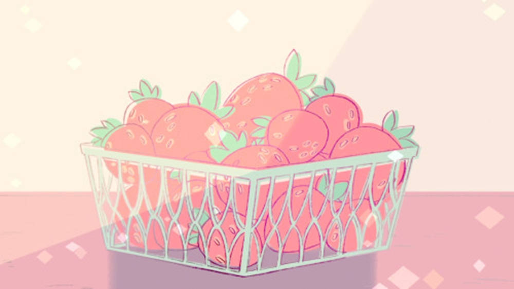 Strawberry Aesthetic 桌布 壁紙 — 一個裝滿飽滿粉紅草莓的籃子，在柔和粉彩光下閃耀。