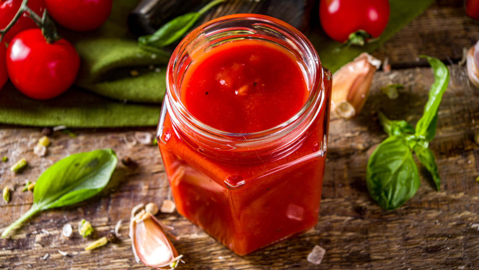 Red Sauce 桌布 壁紙 — 一個裝滿鮮紅色番茄醬的玻璃罐放在質樸的木桌上，周圍是新鮮羅勒、大蒜和整顆番茄。
