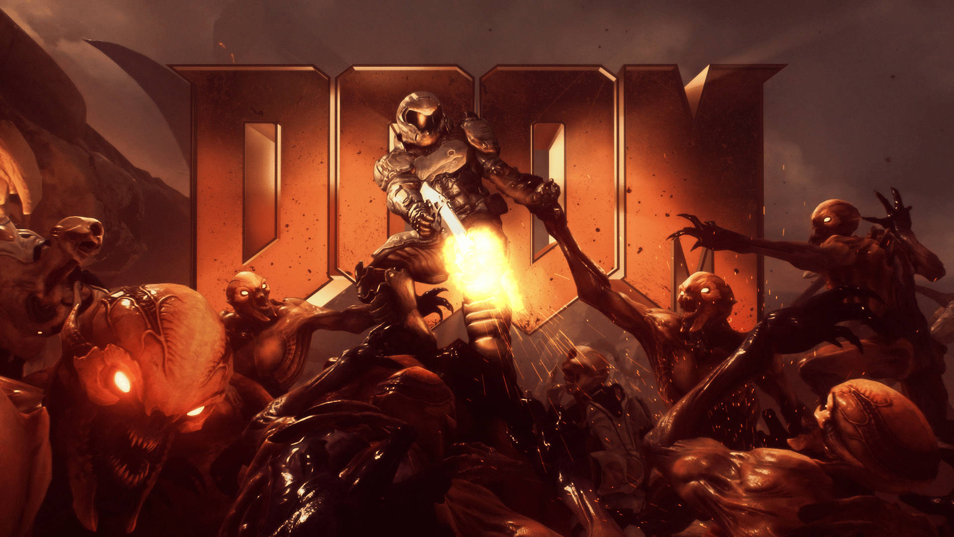 毀滅戰士 桌布 壁紙 — 一個裝甲戰士在巨大的發光 DOOM 標誌下砍殺成群結隊的怪誕惡魔。