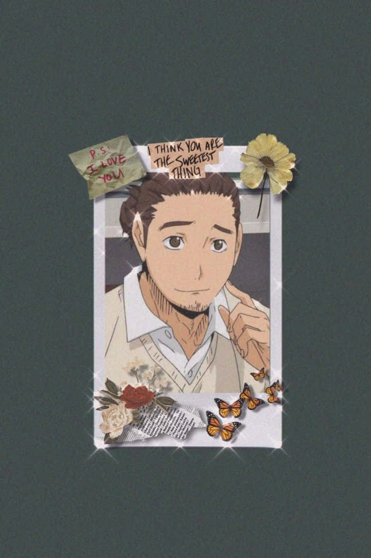 Asahi Azumane 桌布 壁紙 — 一個裝裱的動畫男子肖像，手寫筆記和蝴蝶裝飾在深綠色牆上。