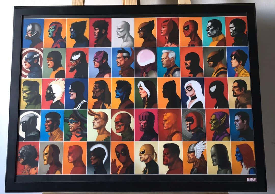 Marvel Profile 桌布 壁紙 — 一個裝裱的拼貼畫，展示大膽色彩和風格化輪廓的Marvel超級英雄肖像。