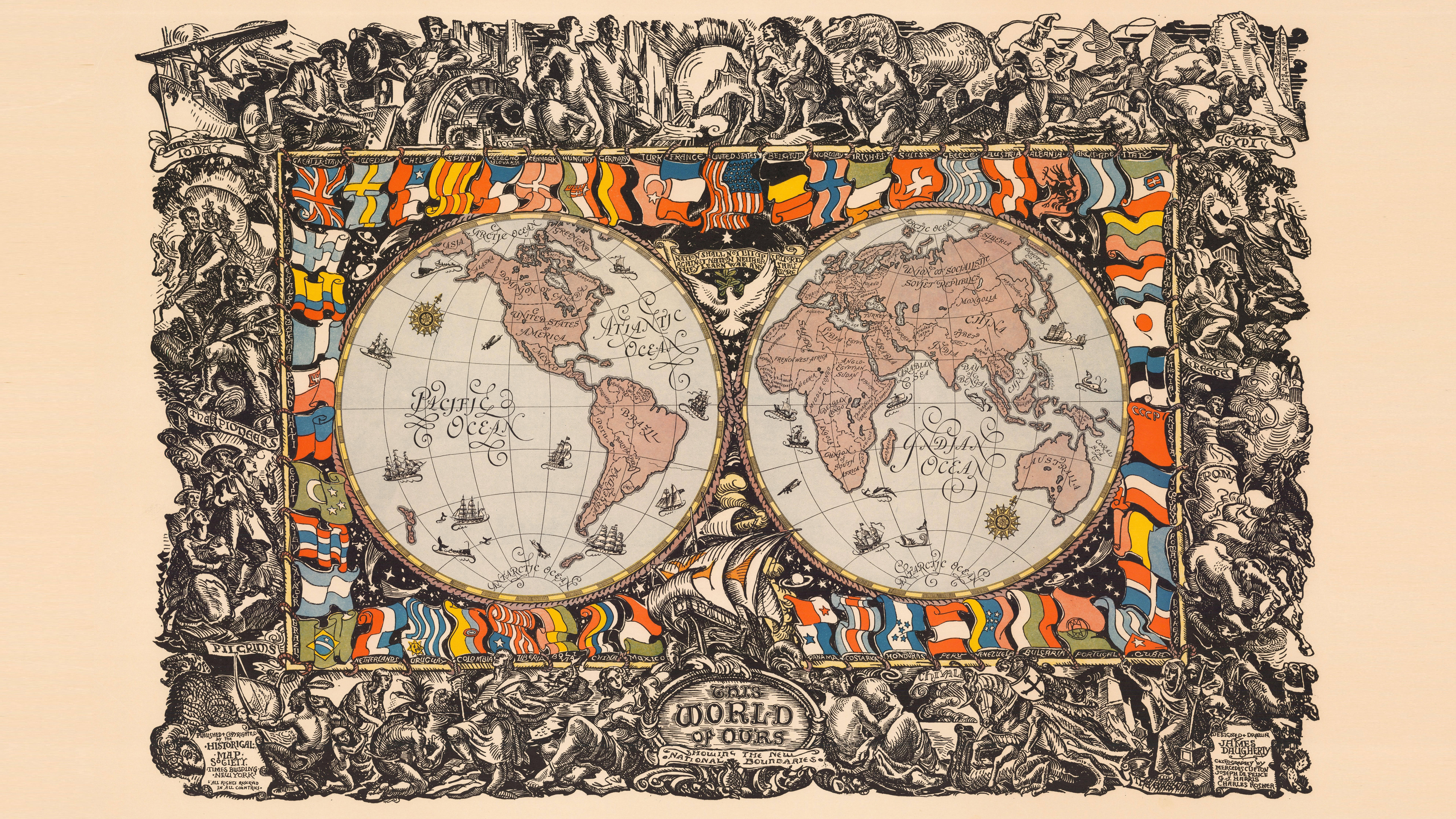 Map 桌布 壁紙 — 一個裝飾性的復古世界地圖，包含兩個半球，周圍環繞著複雜的黑白插圖和色彩繽紛的國旗。