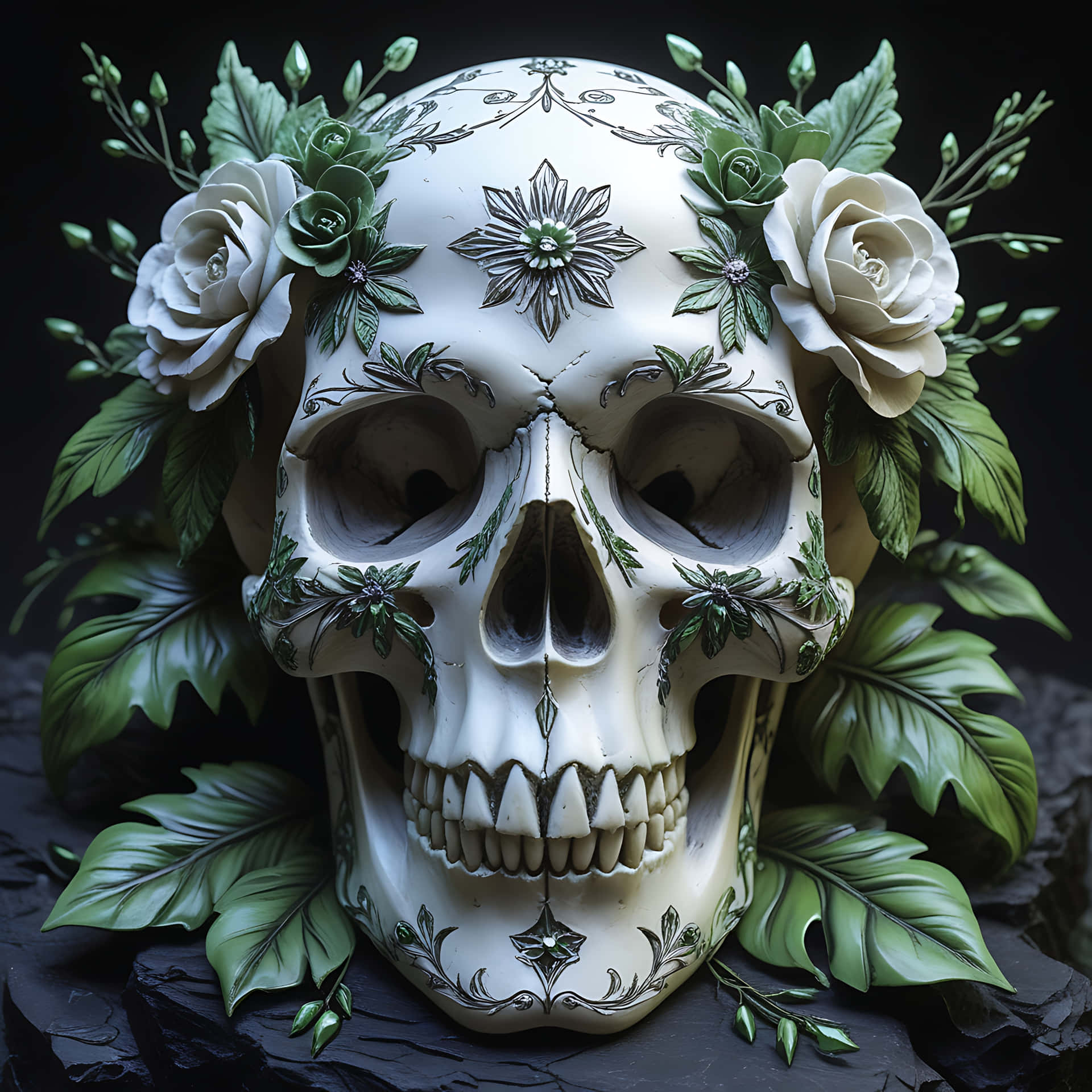 Gothic Skull with Enchanting Floral Patterns. skull wallpaper 壁紙 — 一個裝飾性的白色頭骨，飾有複雜的花卉圖案和茂盛的綠色玫瑰和葉子，背景為深色。