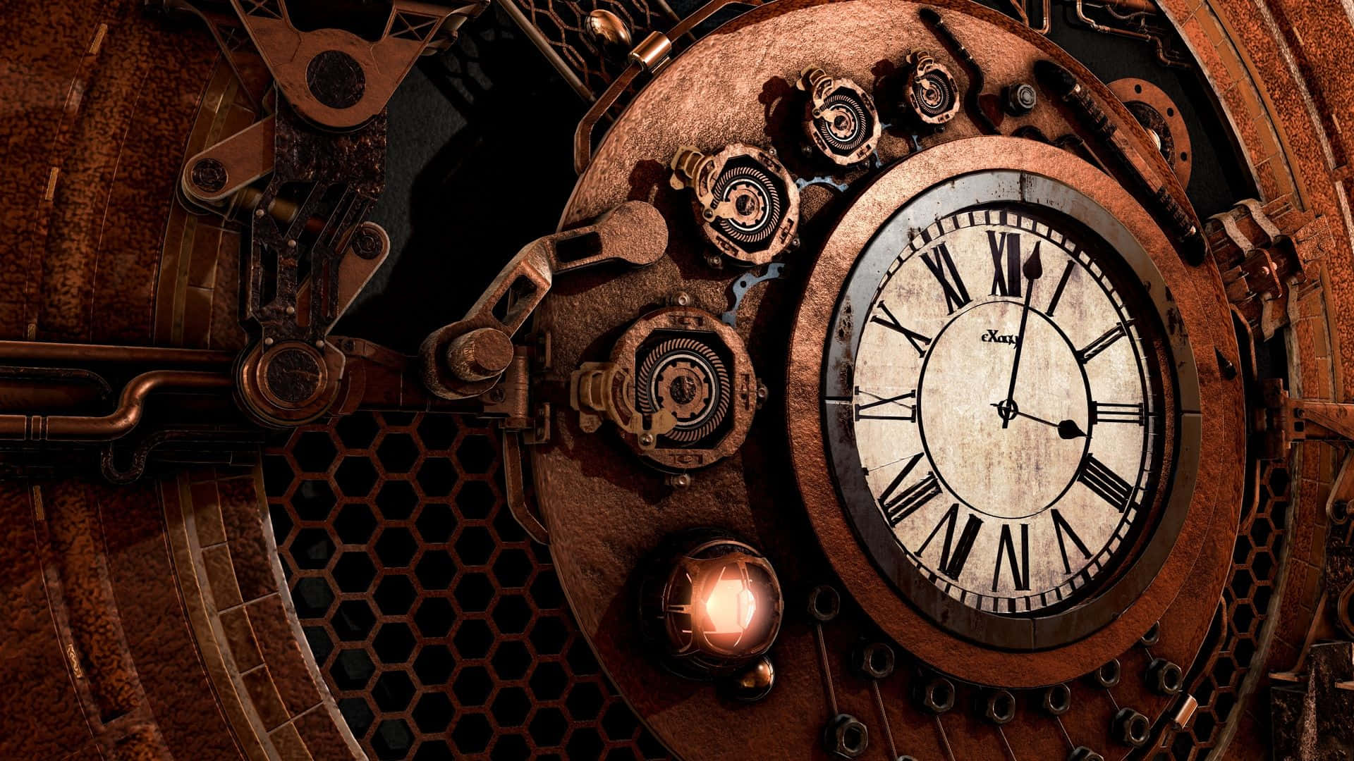 Clock 桌布 壁紙 — 一個裝飾華麗的復古時鐘特寫，帶有羅馬數字，周圍環繞著複雜的黃銅齒輪和管道，呈現溫暖的棕褐色調。