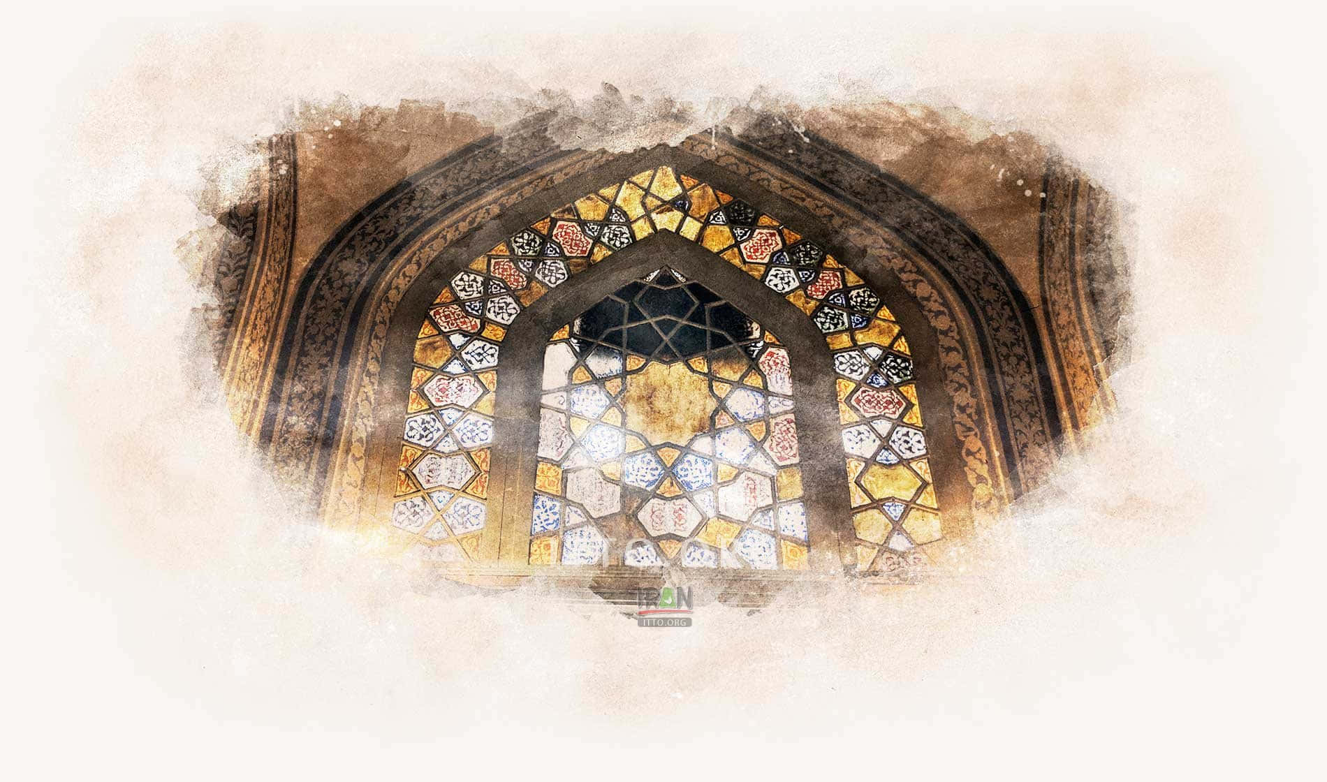 Museum 桌布 壁紙 — 一個裝飾華麗的拱形窗戶，帶有複雜的幾何彩色玻璃圖案，沐浴在溫暖的金色光線中。