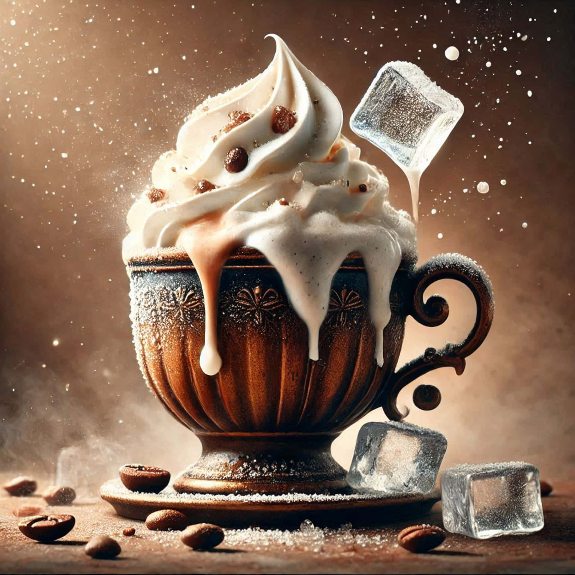 Cappuccino mug 壁紙 — 一個裝飾華麗的青銅杯中的濃郁巧克力飲品，上面有融化的鮮奶油和咖啡豆，還有浮冰和糖粉。